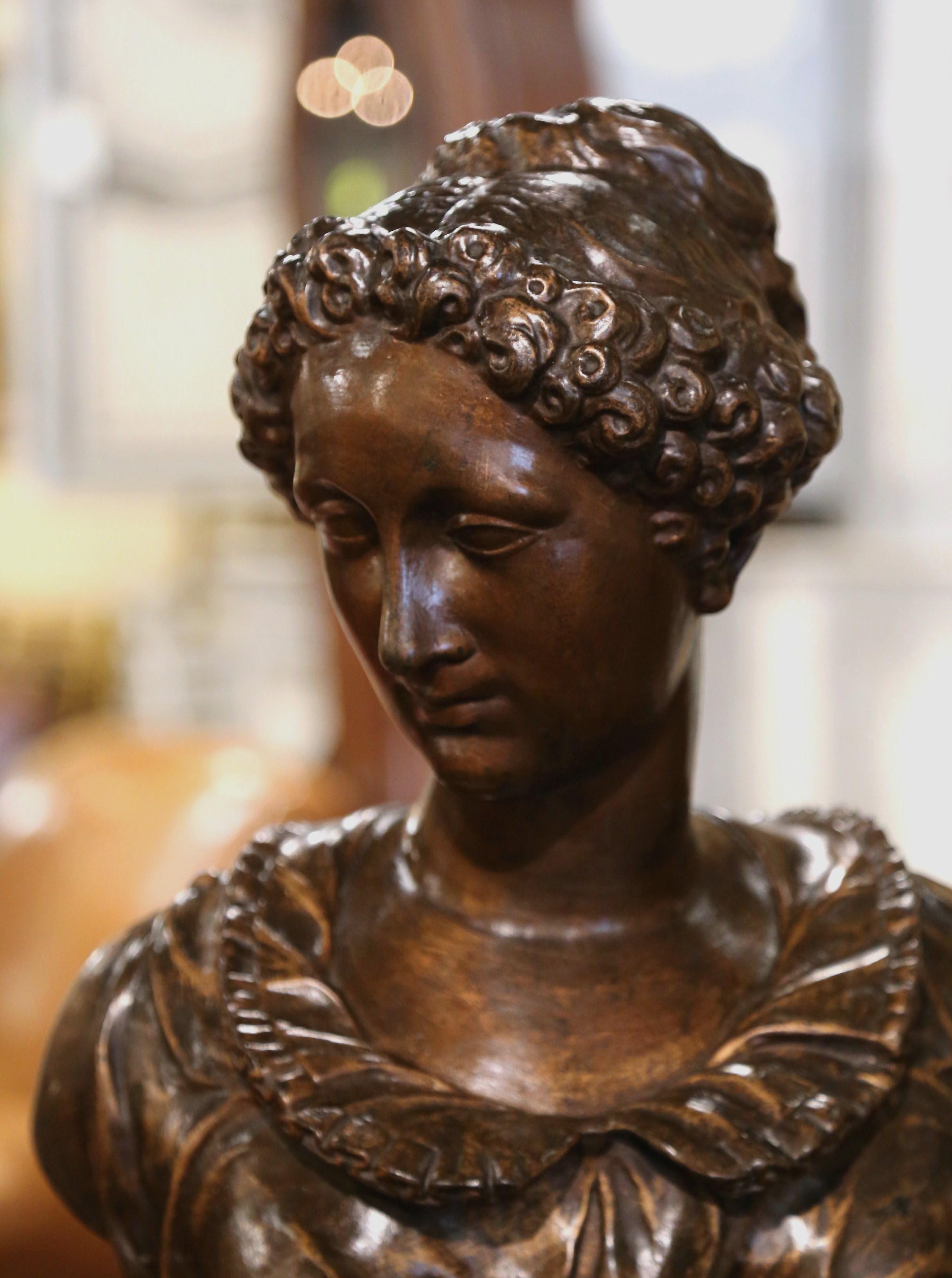 Louis XVI 19th Century French Patinated Cast Iron Female Bust Signed Barbezat & Cie For Sale