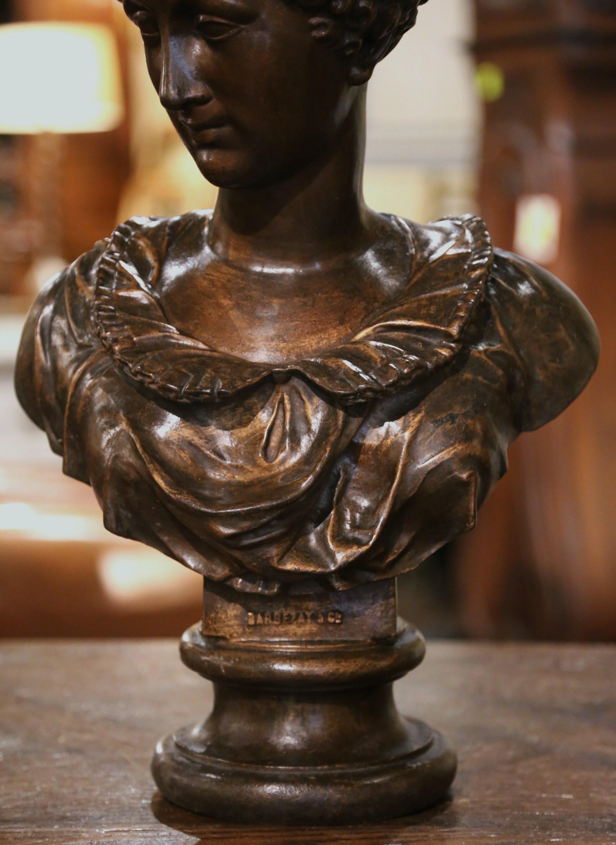 Hand-Carved 19th Century French Patinated Cast Iron Female Bust Signed Barbezat & Cie For Sale