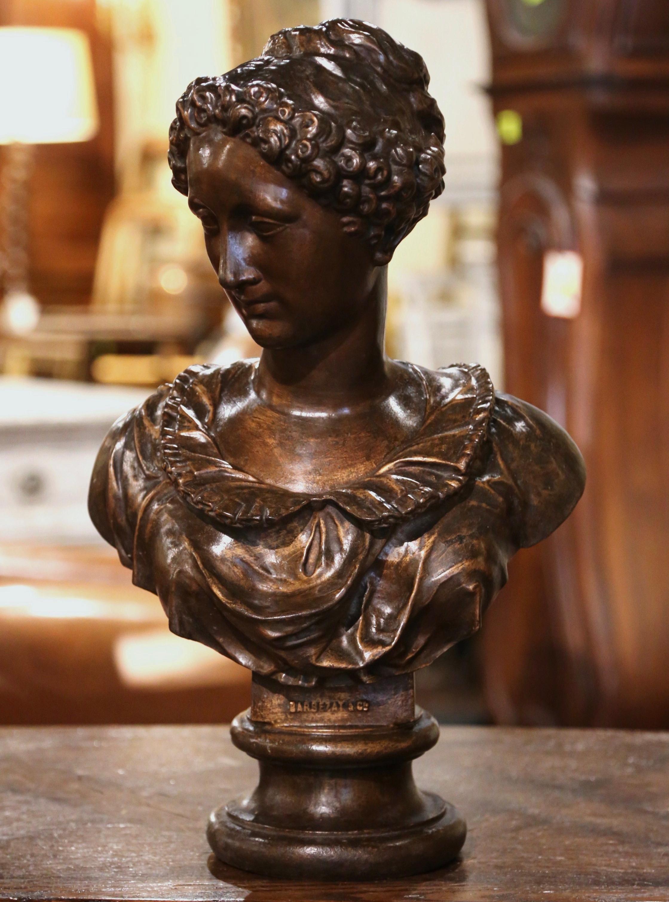 19th Century French Patinated Cast Iron Female Bust Signed Barbezat & Cie For Sale 1
