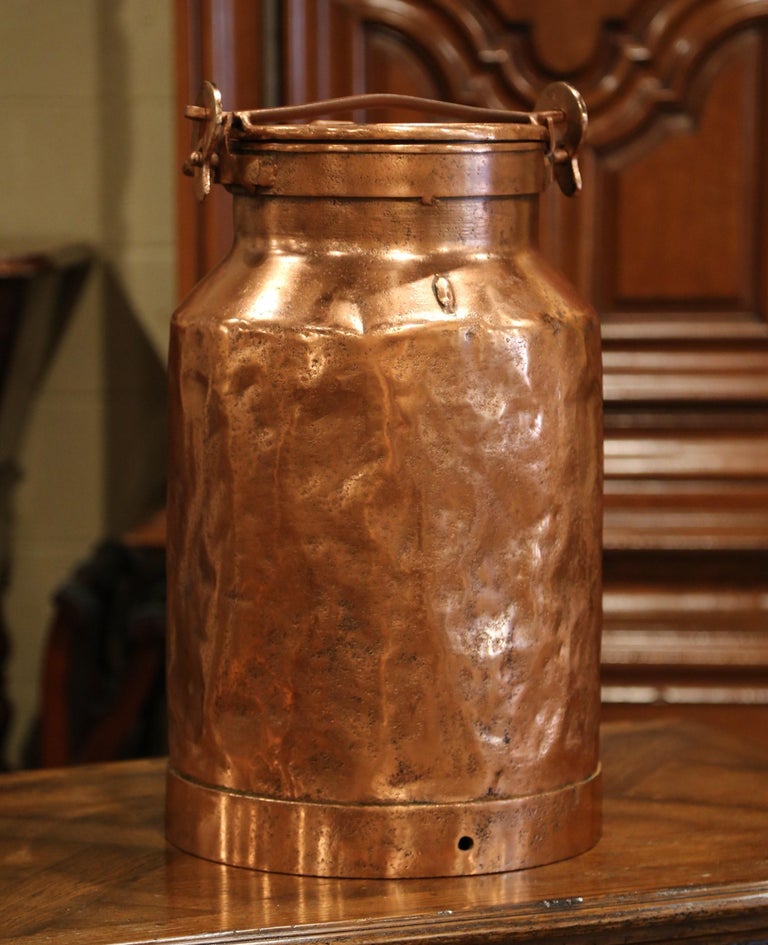 19th Century French Patinated Copper Milk Container with Handle and Lid