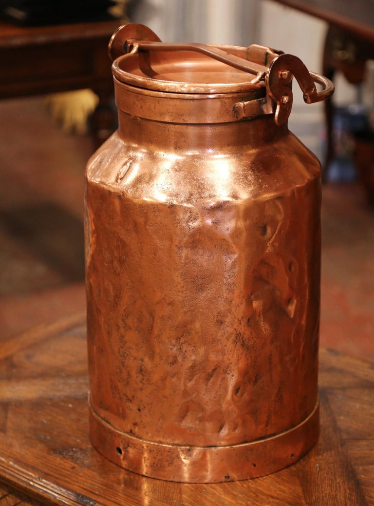 19th Century French Patinated Copper Milk Container with Handle and Lid