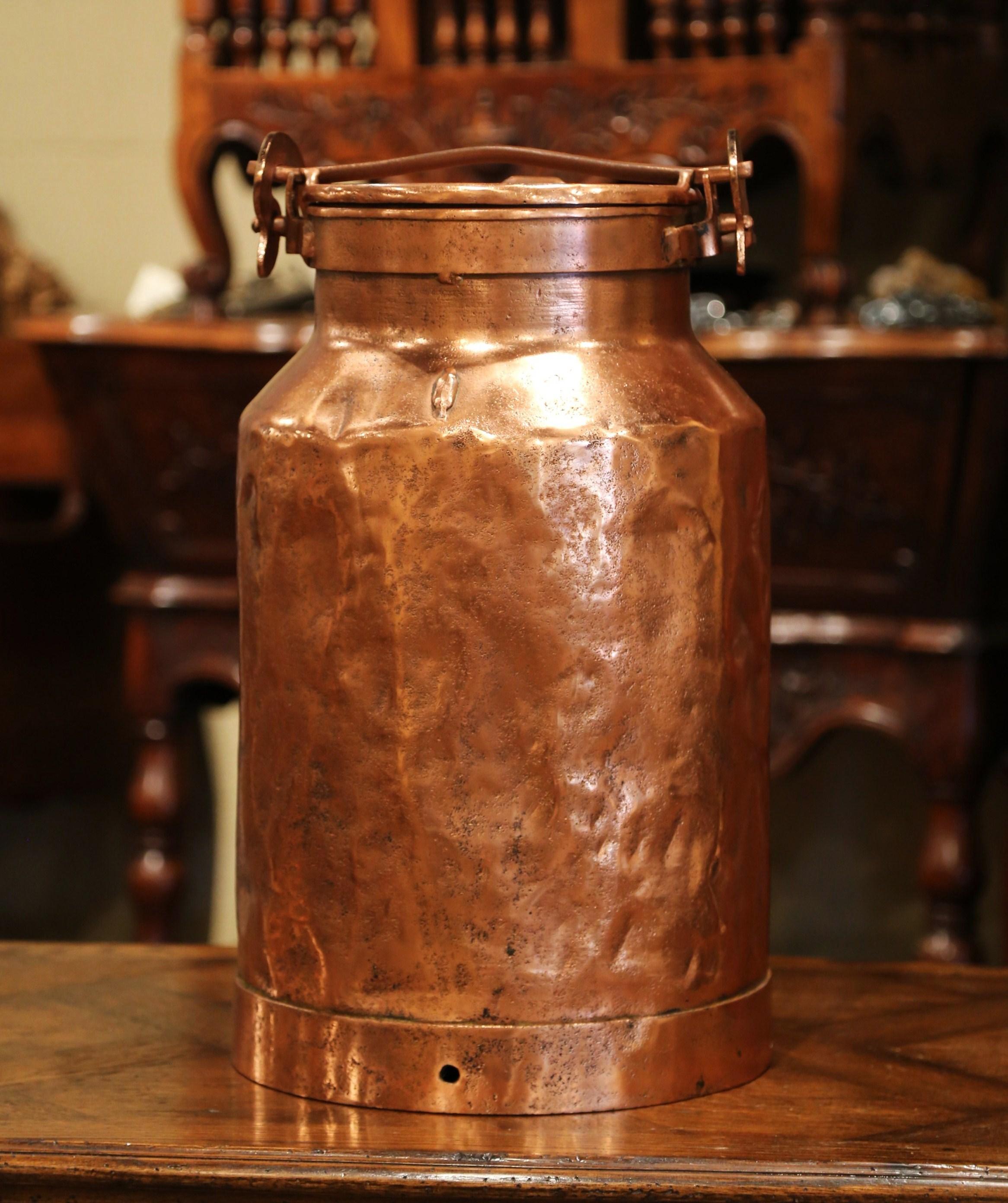 Country 19th Century French Patinated Copper Milk Container with Handle and Lid