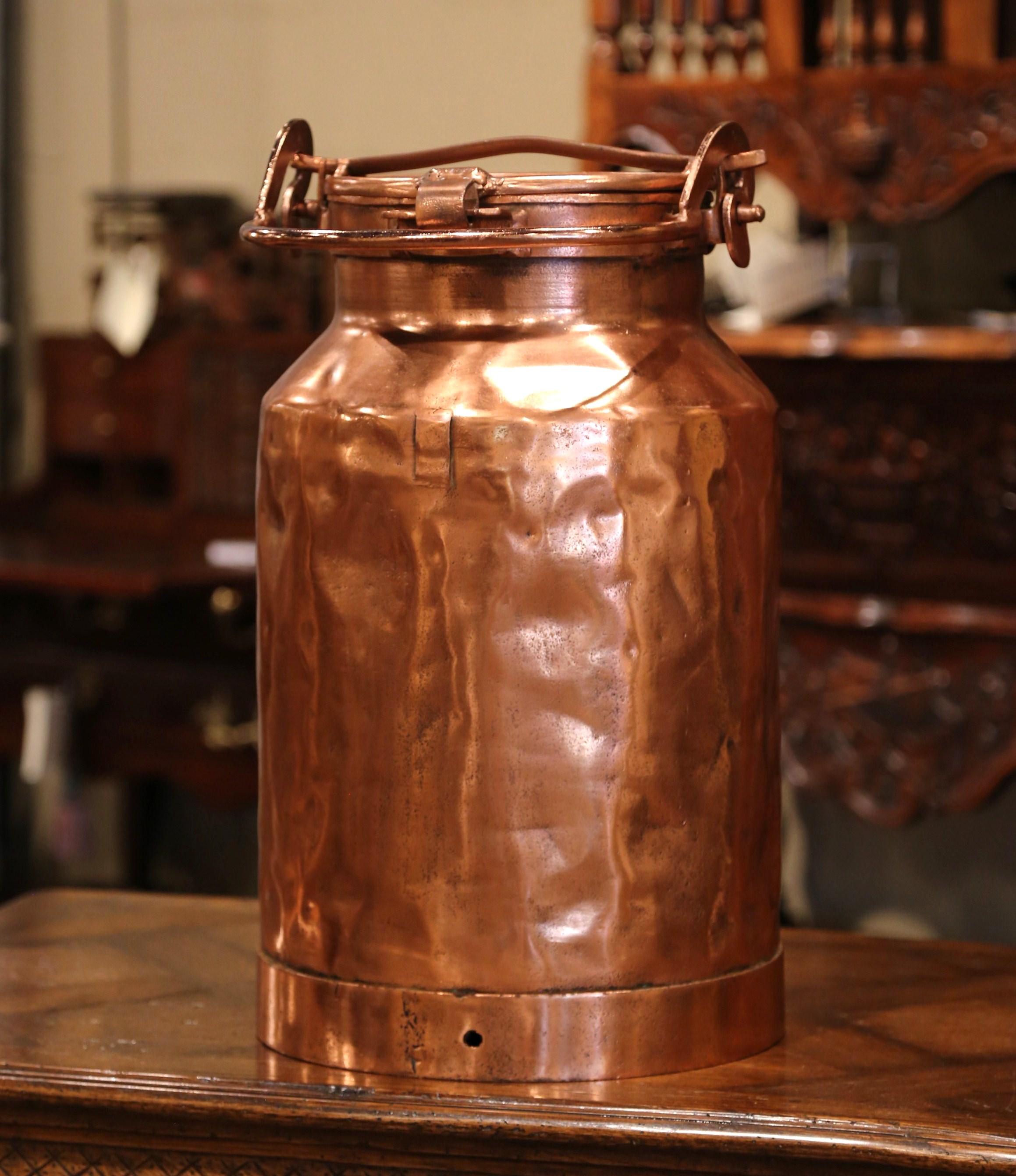 Hand-Crafted 19th Century French Patinated Copper Milk Container with Handle and Lid