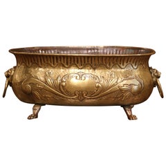 19th Century, French Patinated Copper Oval Jardinière with Repousse Decor
