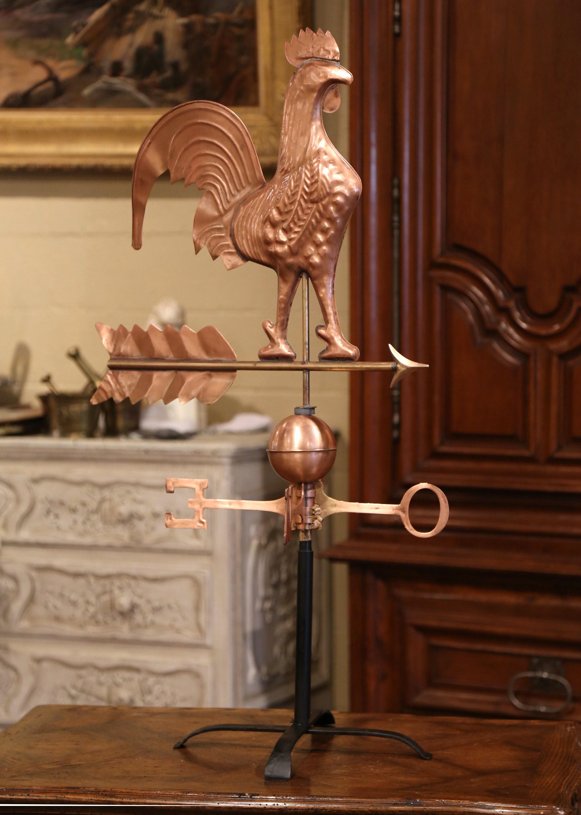 19th Century French Patinated Copper Rooster Weather Vane with Cardinal Points In Excellent Condition For Sale In Dallas, TX