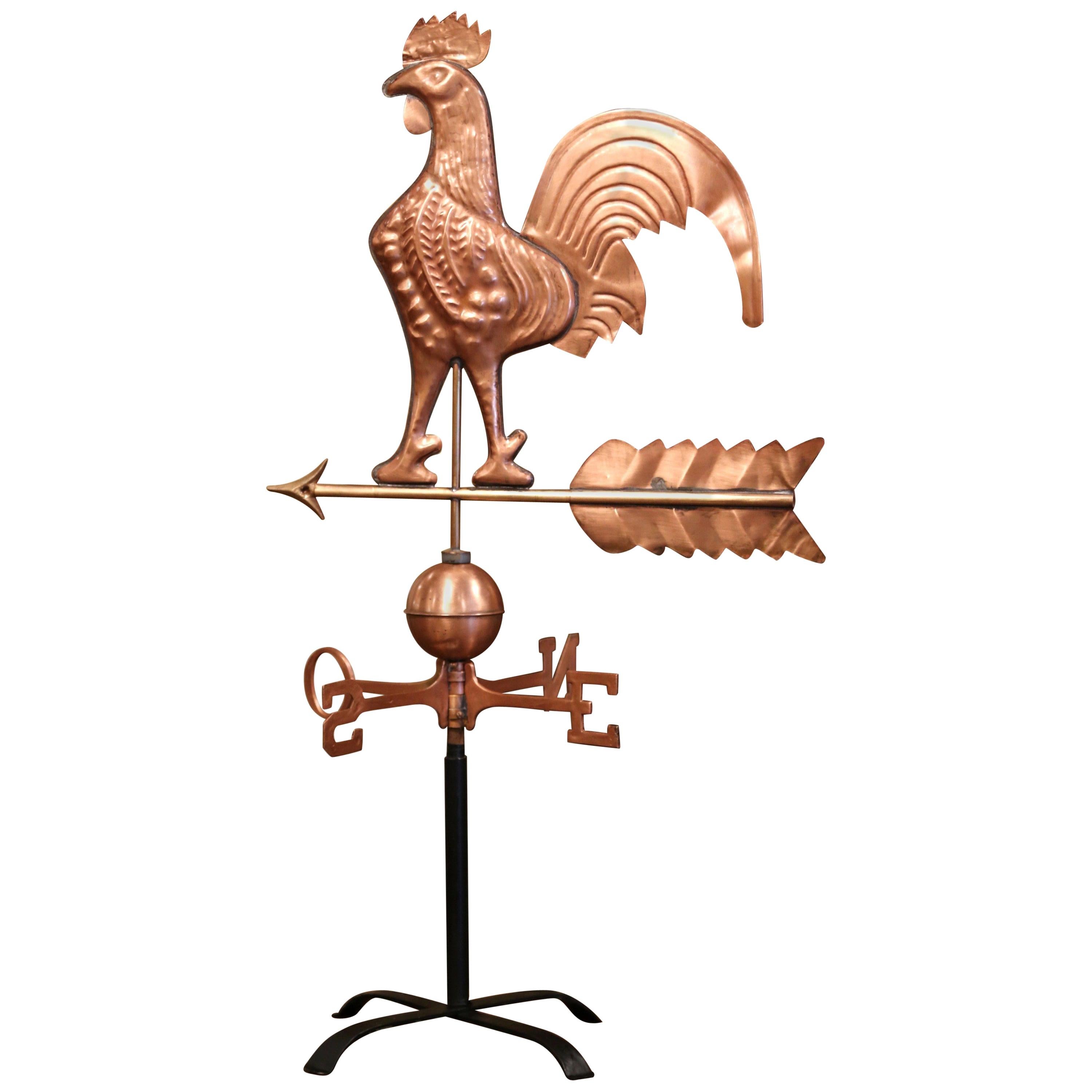 19th Century French Patinated Copper Rooster Weather Vane with Cardinal Points For Sale