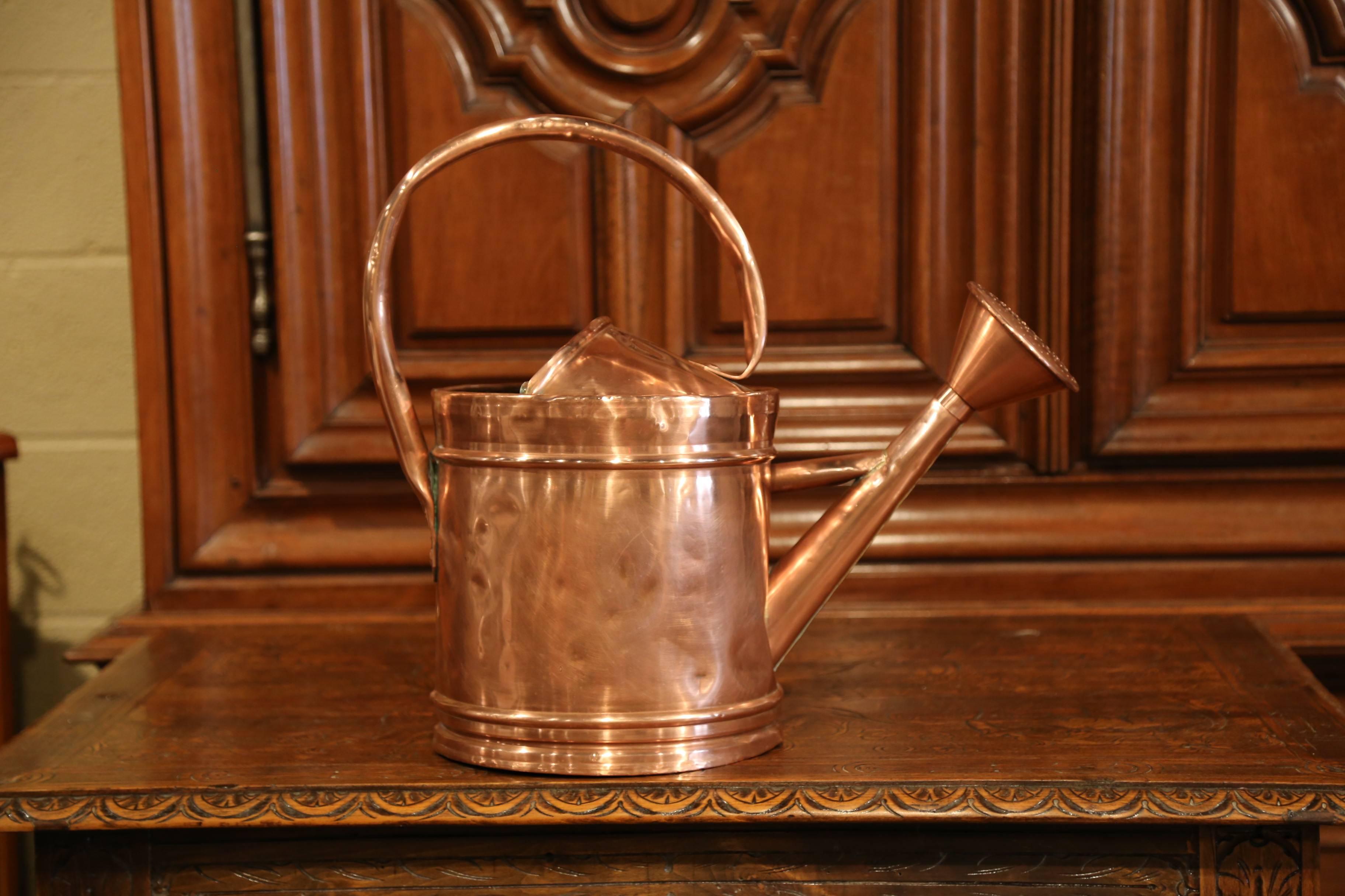 19th Century French Patinated Copper Watering Can with Spout 1