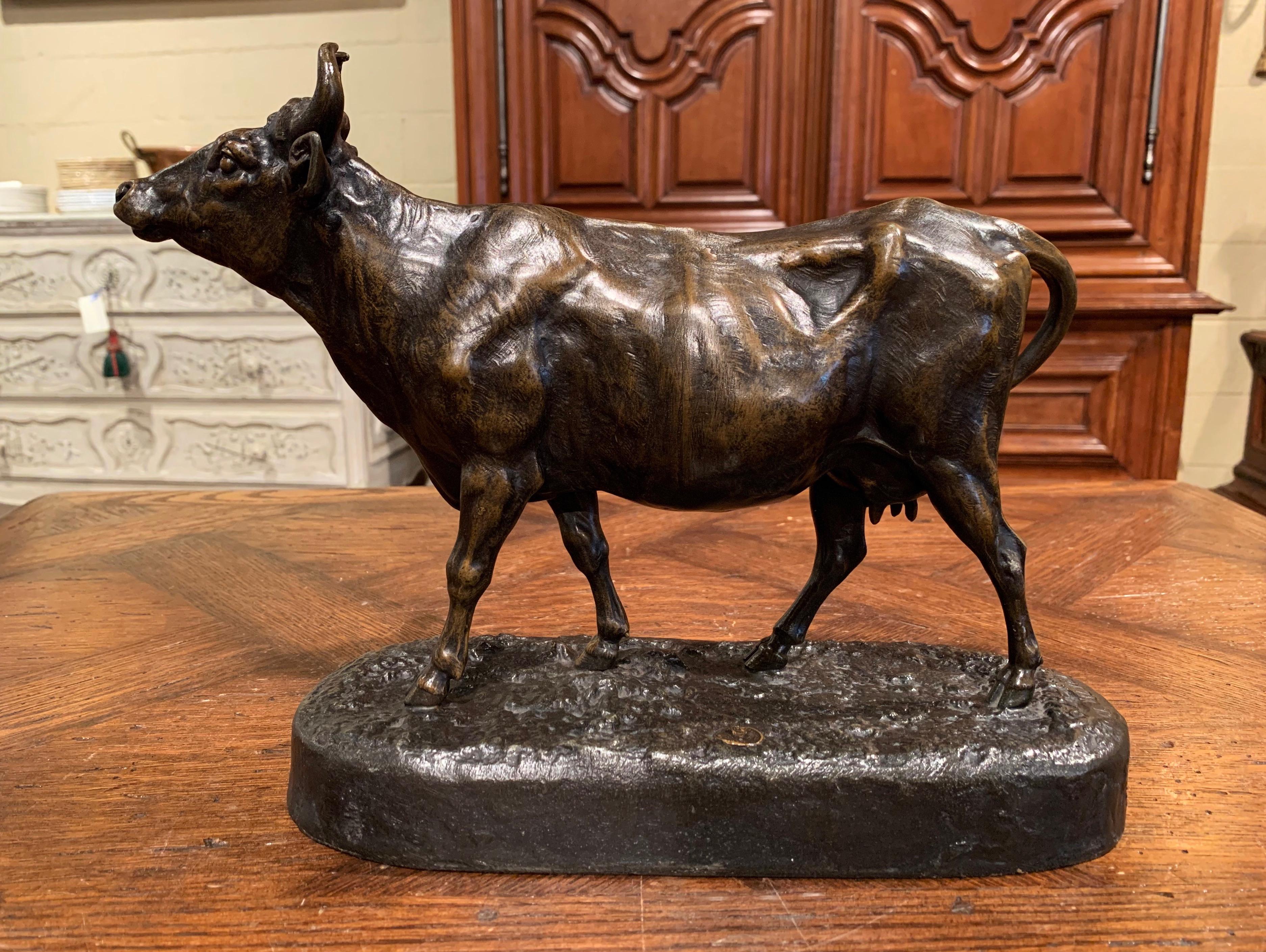 19th Century French Patinated Spelter Cow Sculpture Signed Charles Valton In Excellent Condition In Dallas, TX