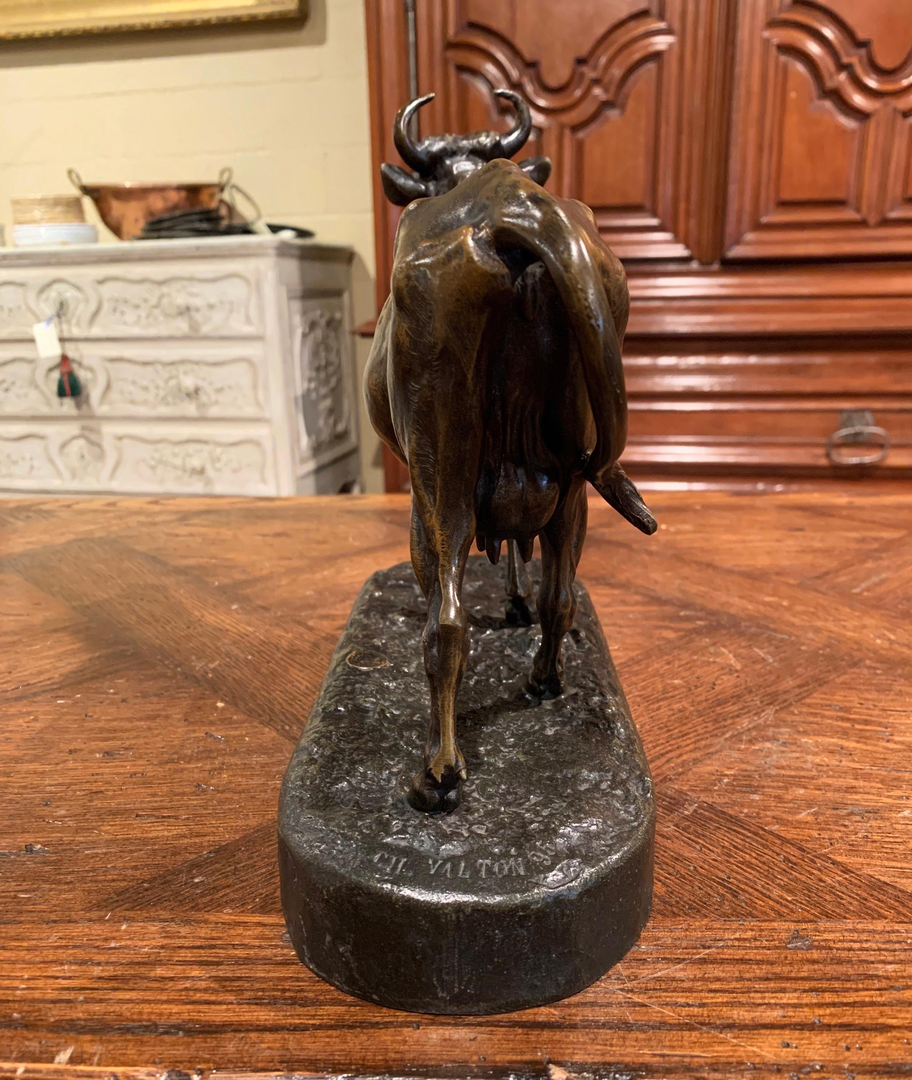 19th Century French Patinated Spelter Cow Sculpture Signed Charles Valton 2