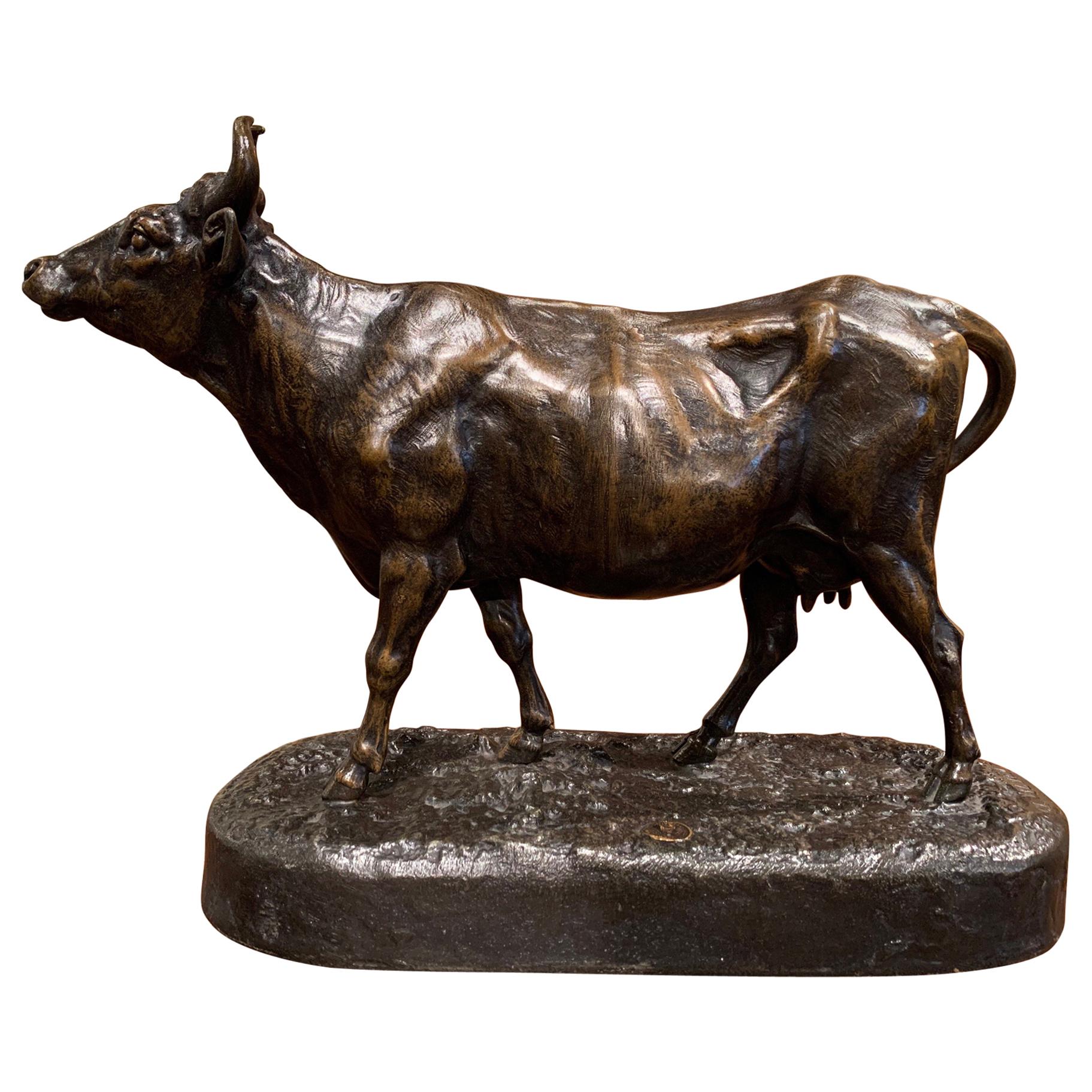 19th Century French Patinated Spelter Cow Sculpture Signed Charles Valton