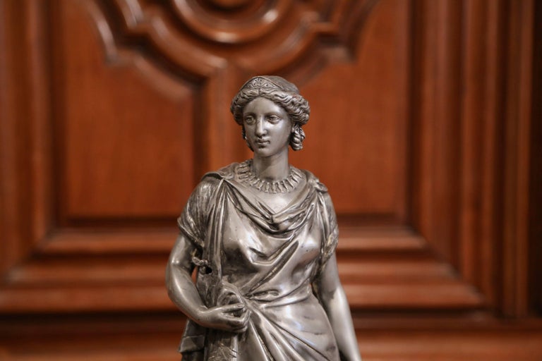 19th Century French Patinated Pewter Statue of Roman Woman For Sale at
