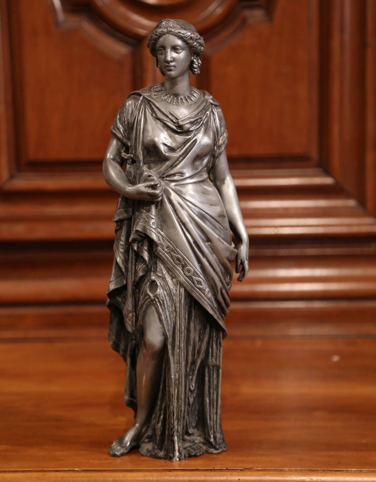 19th Century French Patinated Pewter Statue of Roman Woman For Sale at