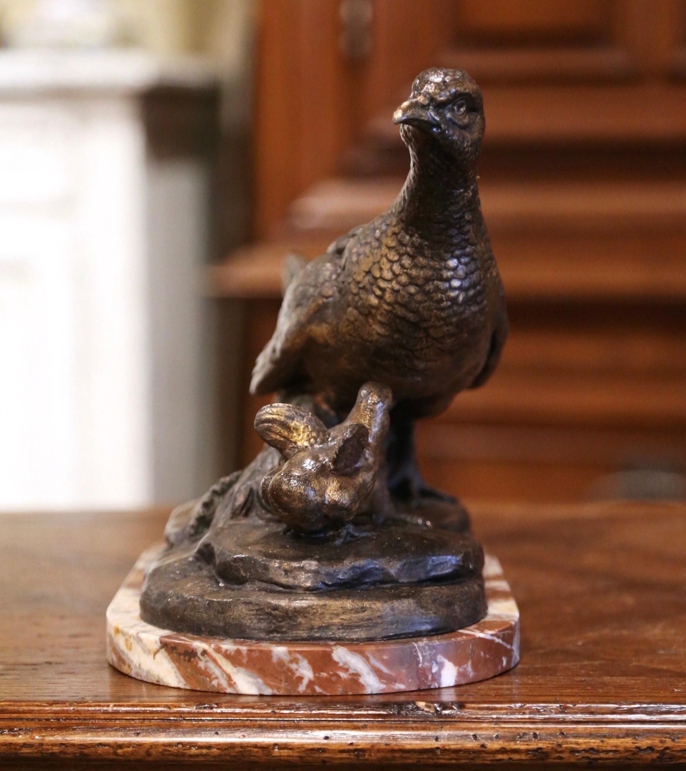 19th Century French Patinated Pheasant Sculpture on Marble Base Signed L. Carvin 4