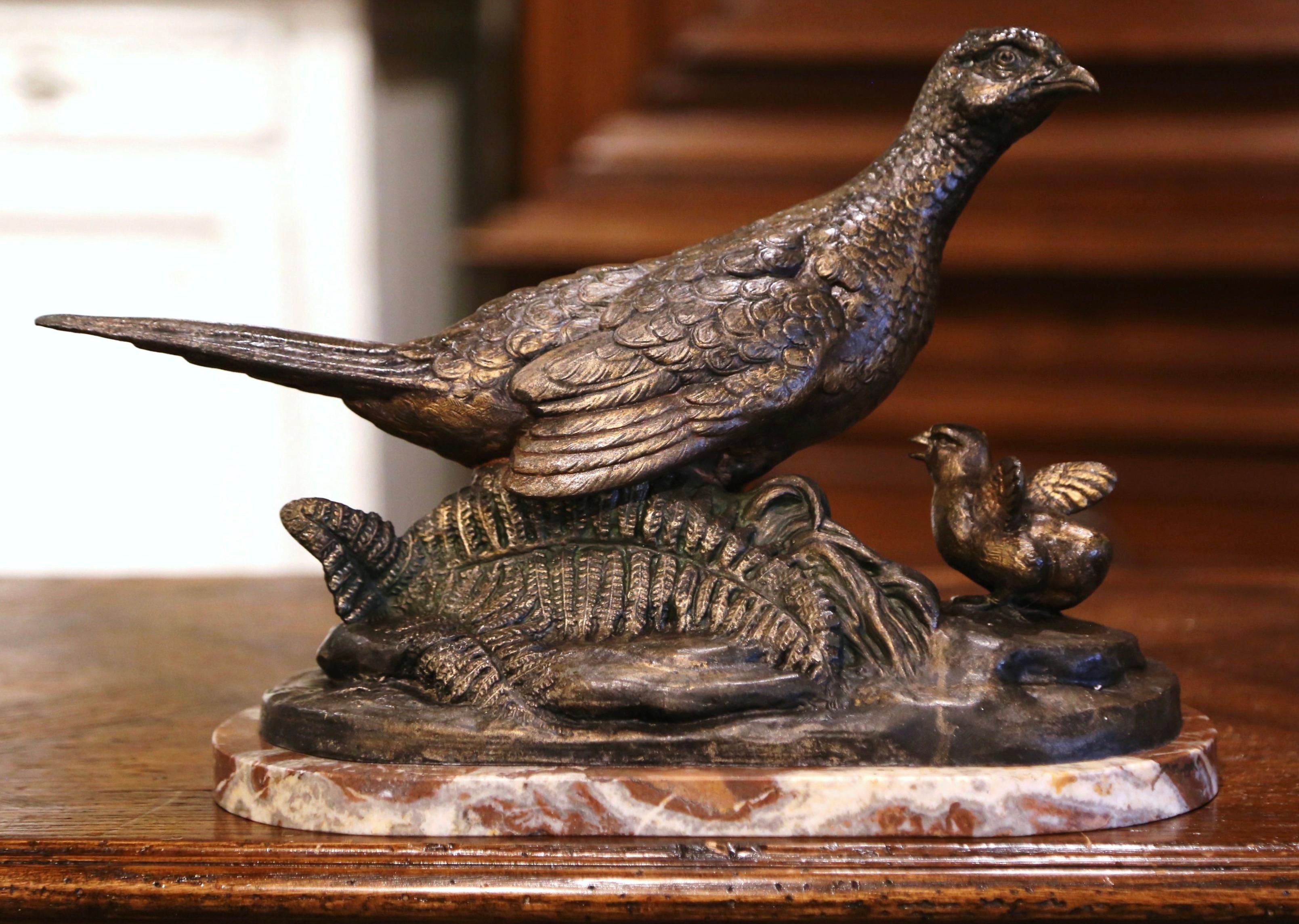 Hand-Crafted 19th Century French Patinated Pheasant Sculpture on Marble Base Signed L. Carvin