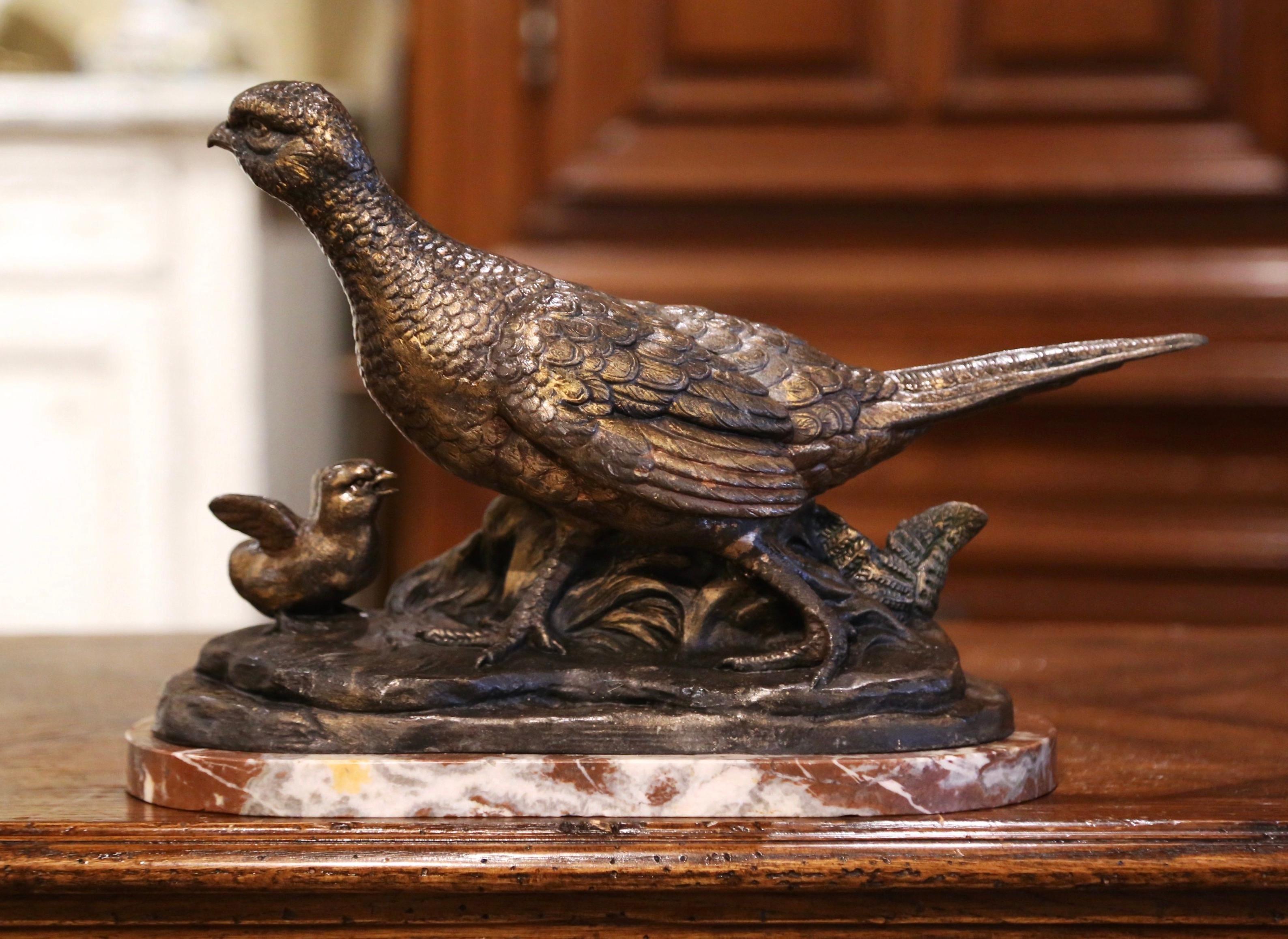 19th Century French Patinated Pheasant Sculpture on Marble Base Signed L. Carvin In Excellent Condition In Dallas, TX