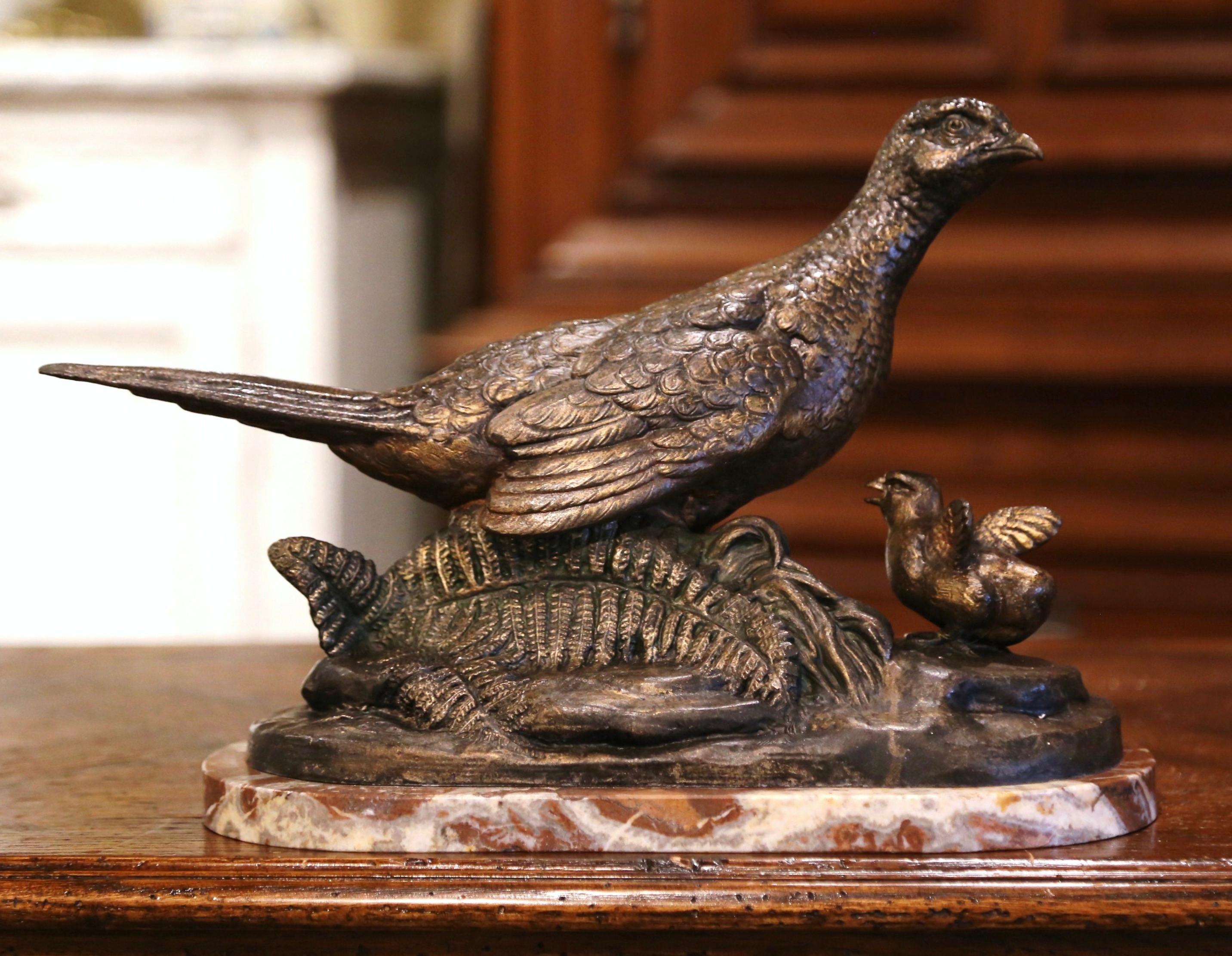 19th Century French Patinated Pheasant Sculpture on Marble Base Signed L. Carvin 1
