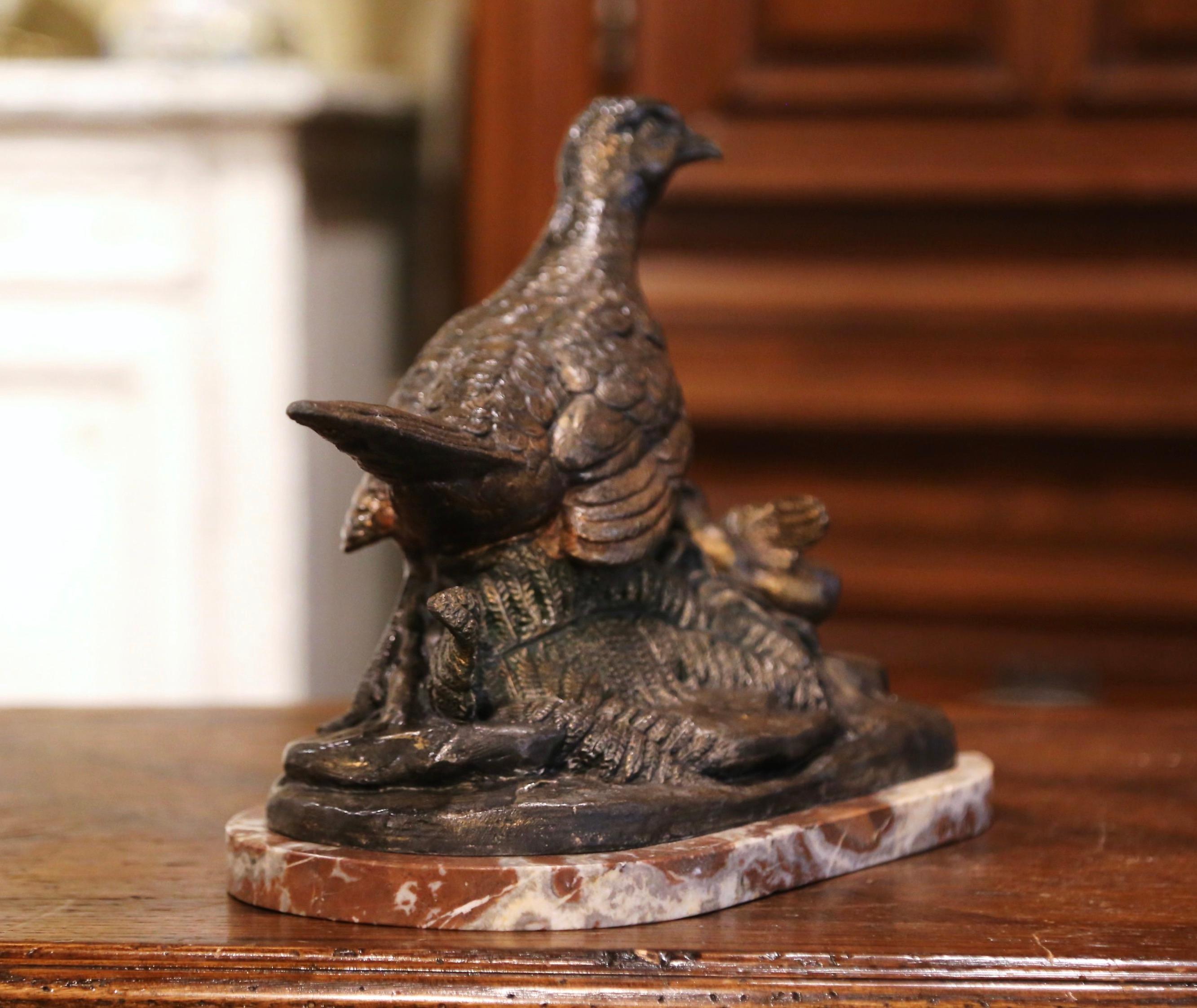 19th Century French Patinated Pheasant Sculpture on Marble Base Signed L. Carvin 3