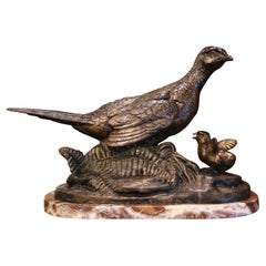19th Century French Patinated Pheasant Sculpture on Marble Base Signed L. Carvin