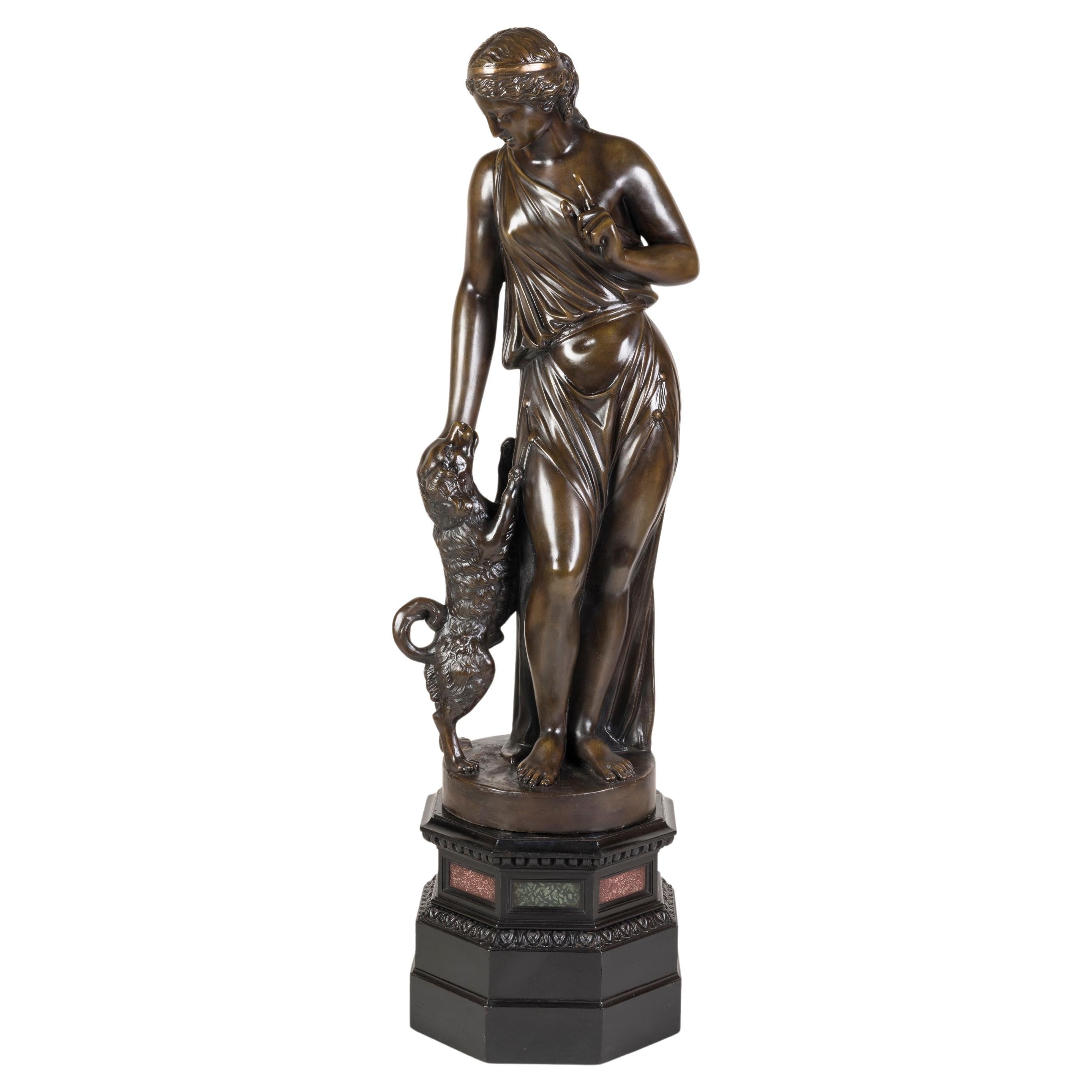 Figura in gesso patinato francese del XIX secolo e il suo cane