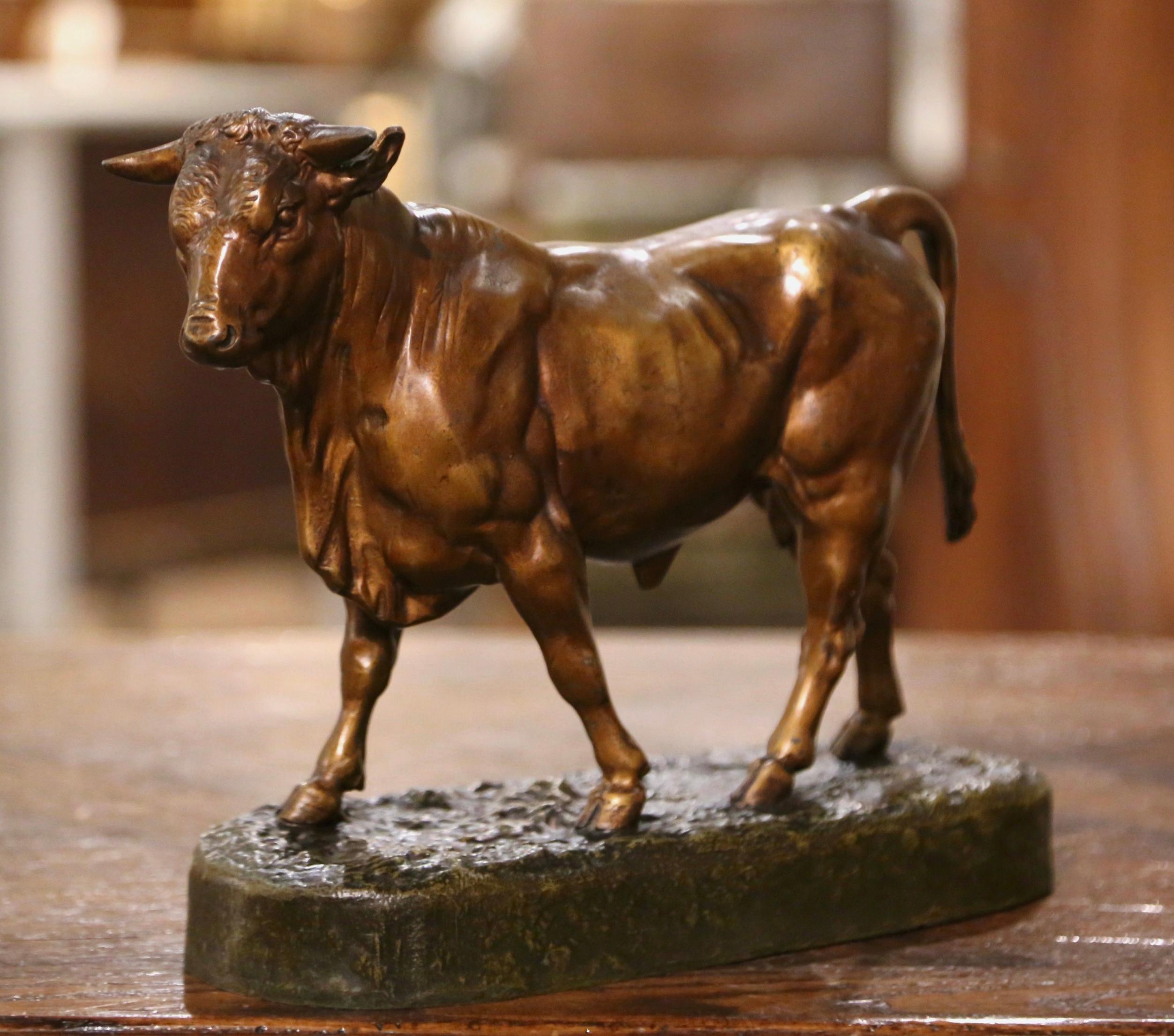 Decorate a man's desk or a library shelf with this antique bull sculpture. Created in France, circa 1890, the spelter figure sits on an integral oval base and depicts a bovine in a standing position. The sculpture is in excellent condition and