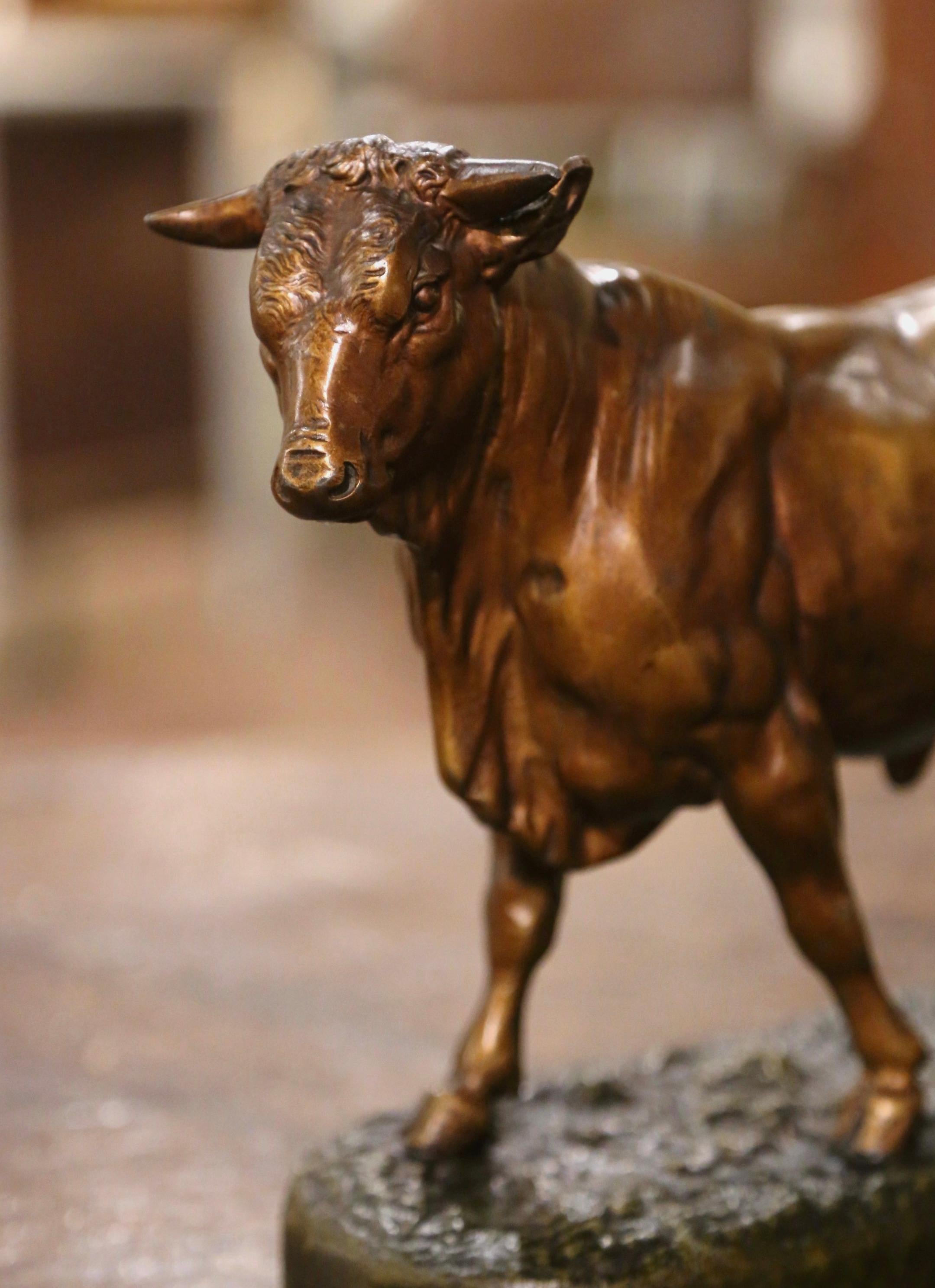 19th Century French Patinated Spelter Bull Sculpture Signed Charles Valton In Excellent Condition In Dallas, TX