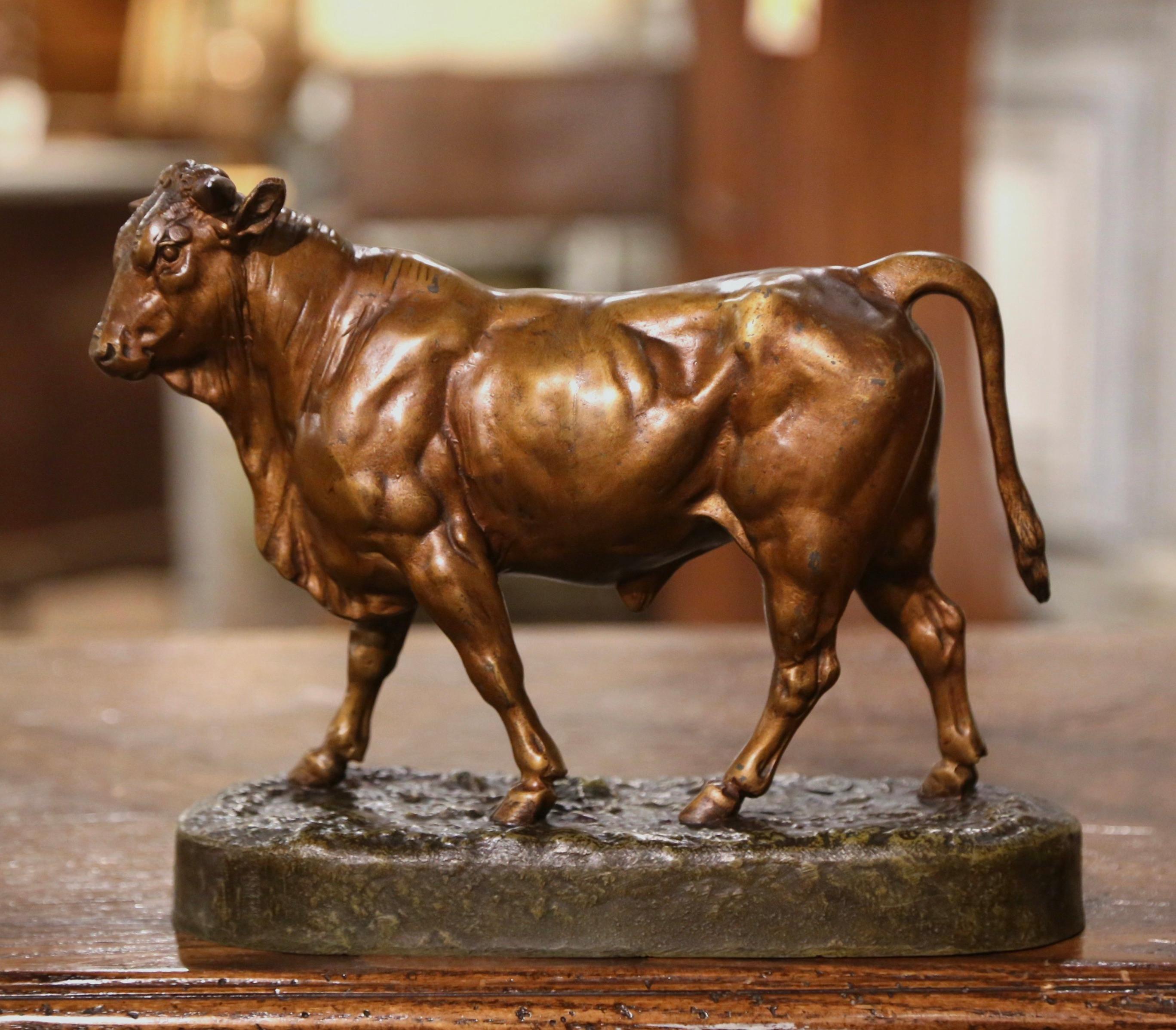 19th Century French Patinated Spelter Bull Sculpture Signed Charles Valton 2