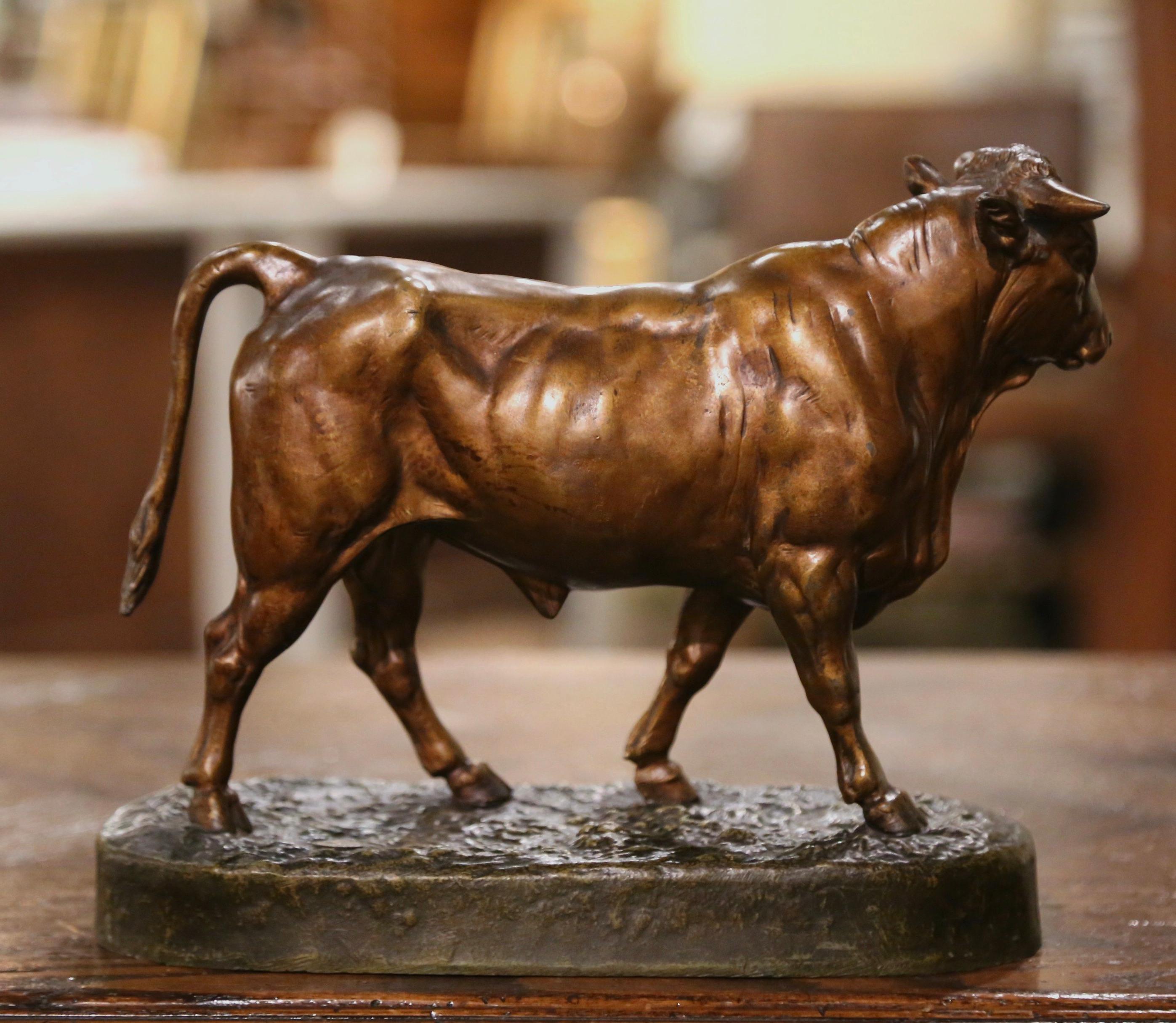 19th Century French Patinated Spelter Bull Sculpture Signed Charles Valton 3