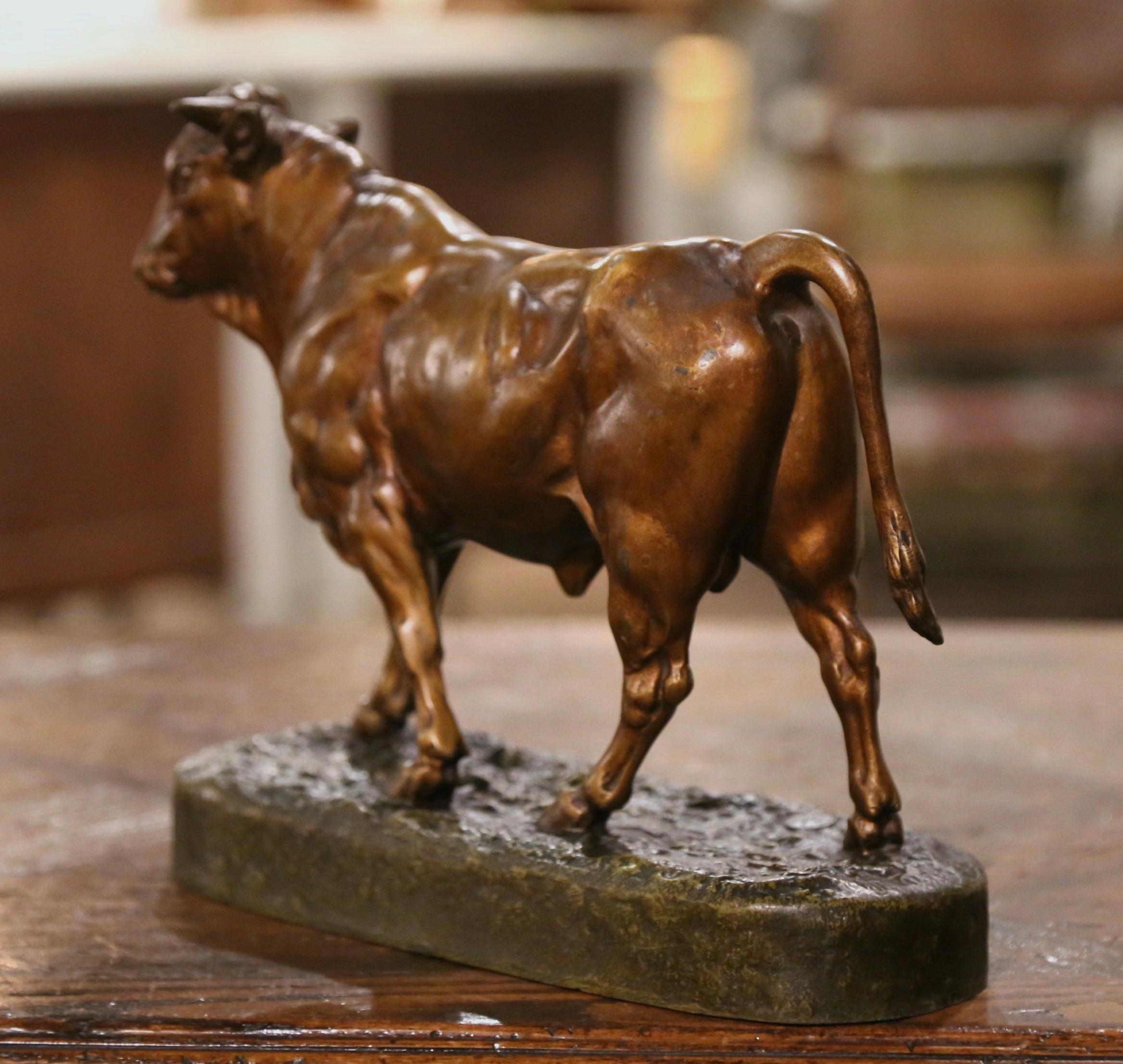 19th Century French Patinated Spelter Bull Sculpture Signed Charles Valton 4