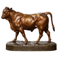 Escultura de Toro de Espelta Patinada Francesa del Siglo XIX Firmada Charles Valton