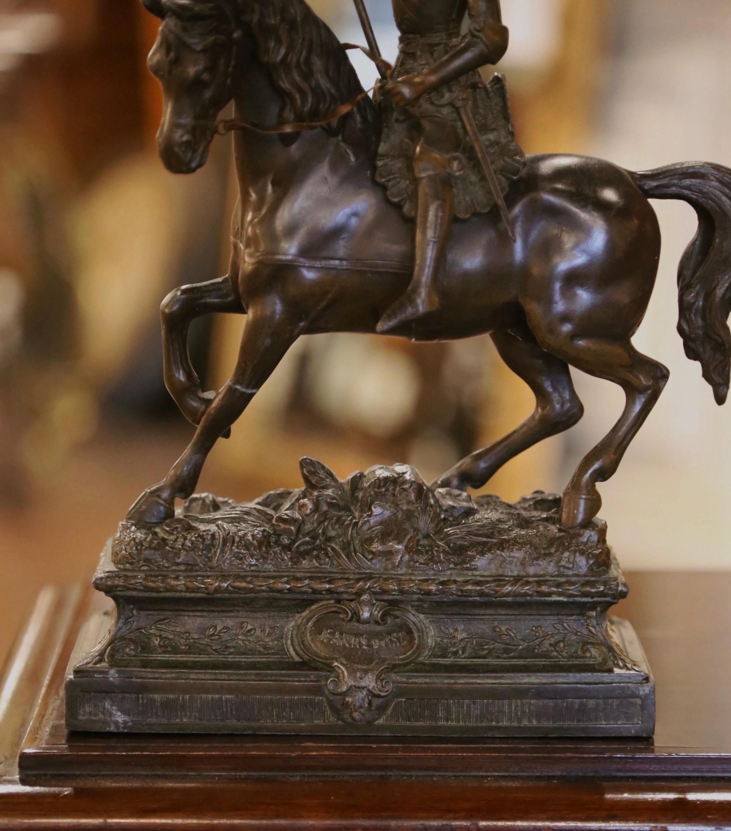Hand-Carved 19th Century French Patinated Spelter Figure of Joan of Arc on Horse