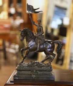 Französische patinierte Zinnfigur des Jeanne d'Arc auf Pferd aus dem 19. Jahrhundert