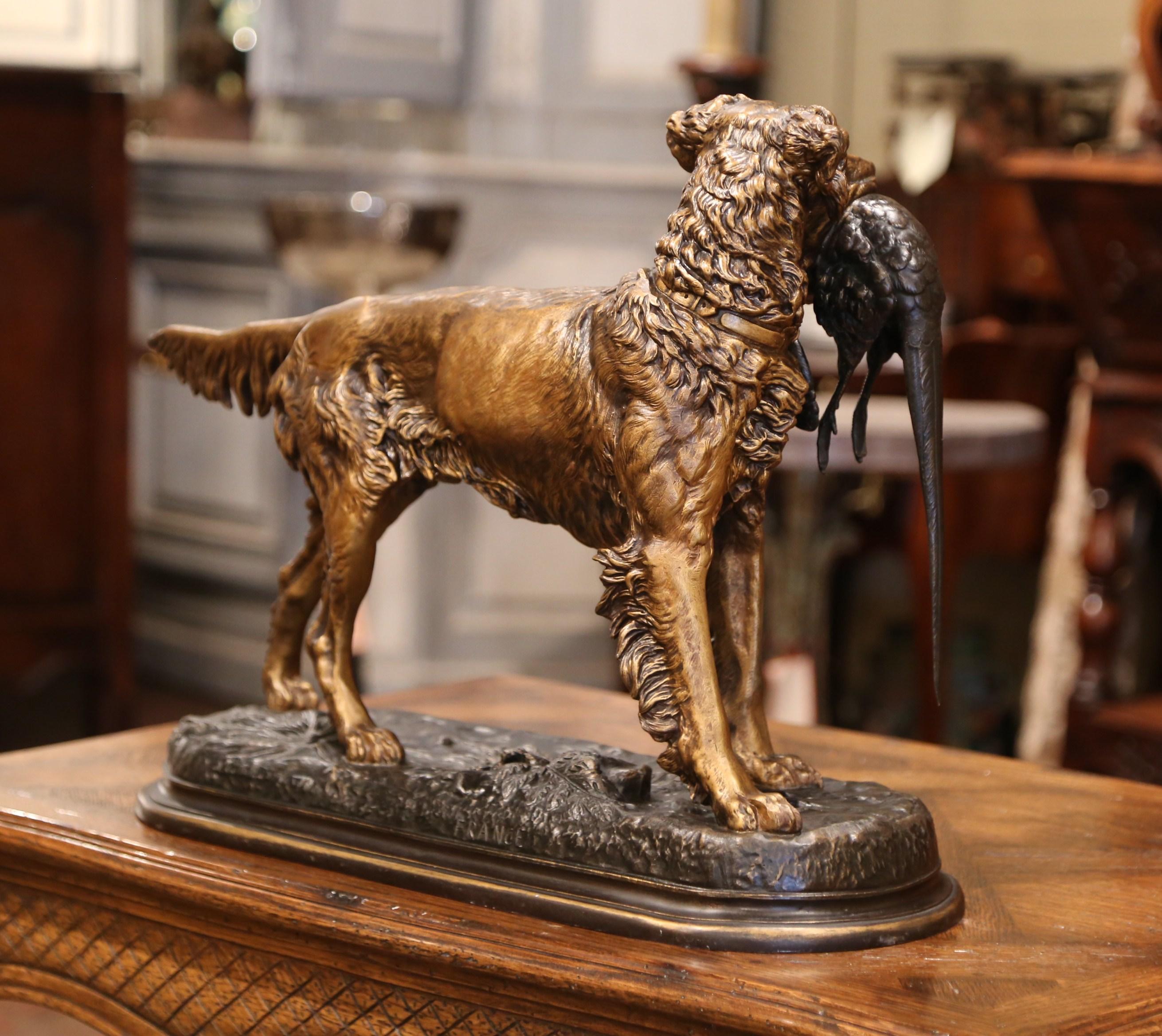 19th Century French Patinated Spelter Hunting Dog with Bird Signed J. Moigniez 6