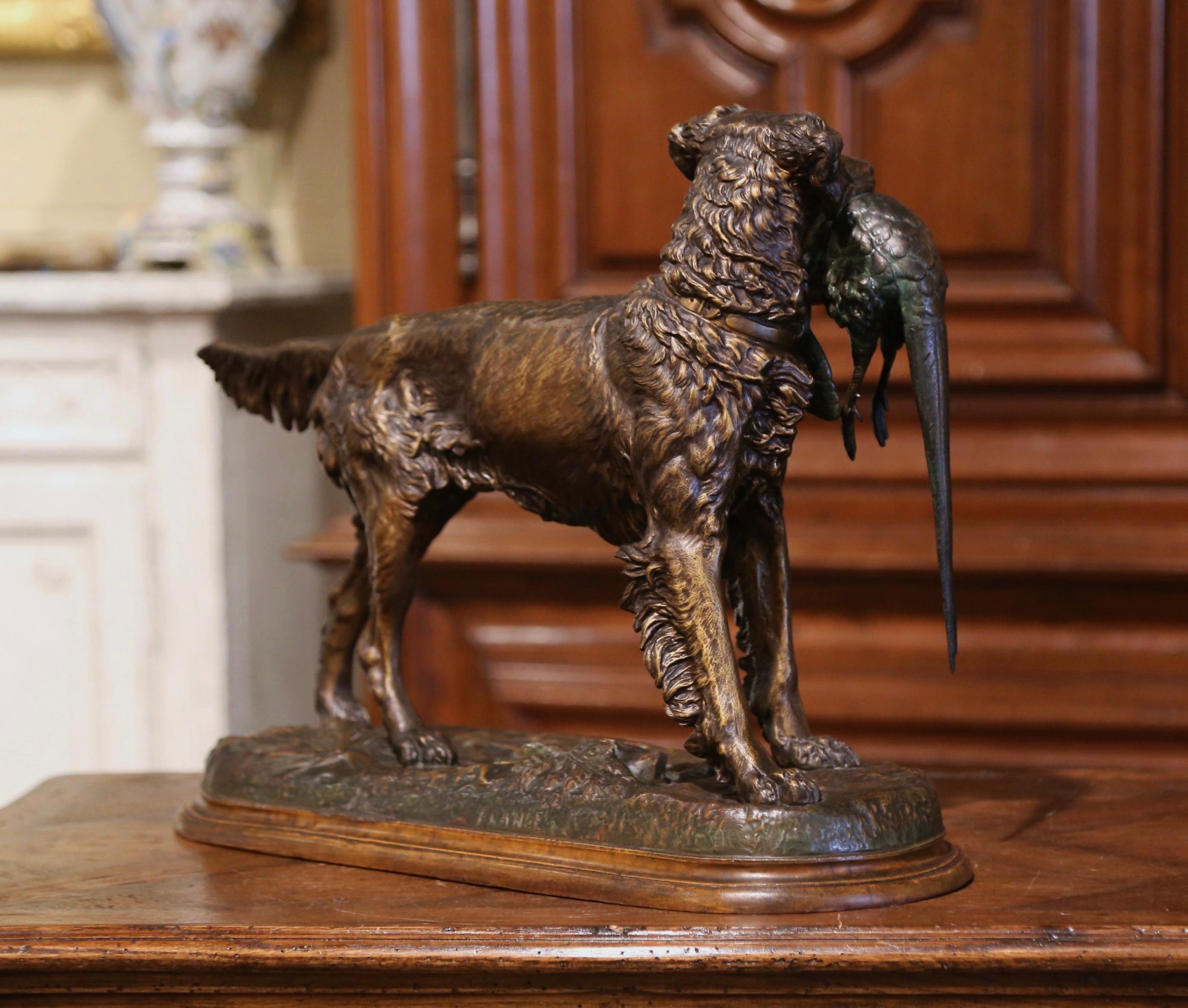 19th Century French Patinated Spelter Hunting Dog with Bird Signed J. Moigniez 7