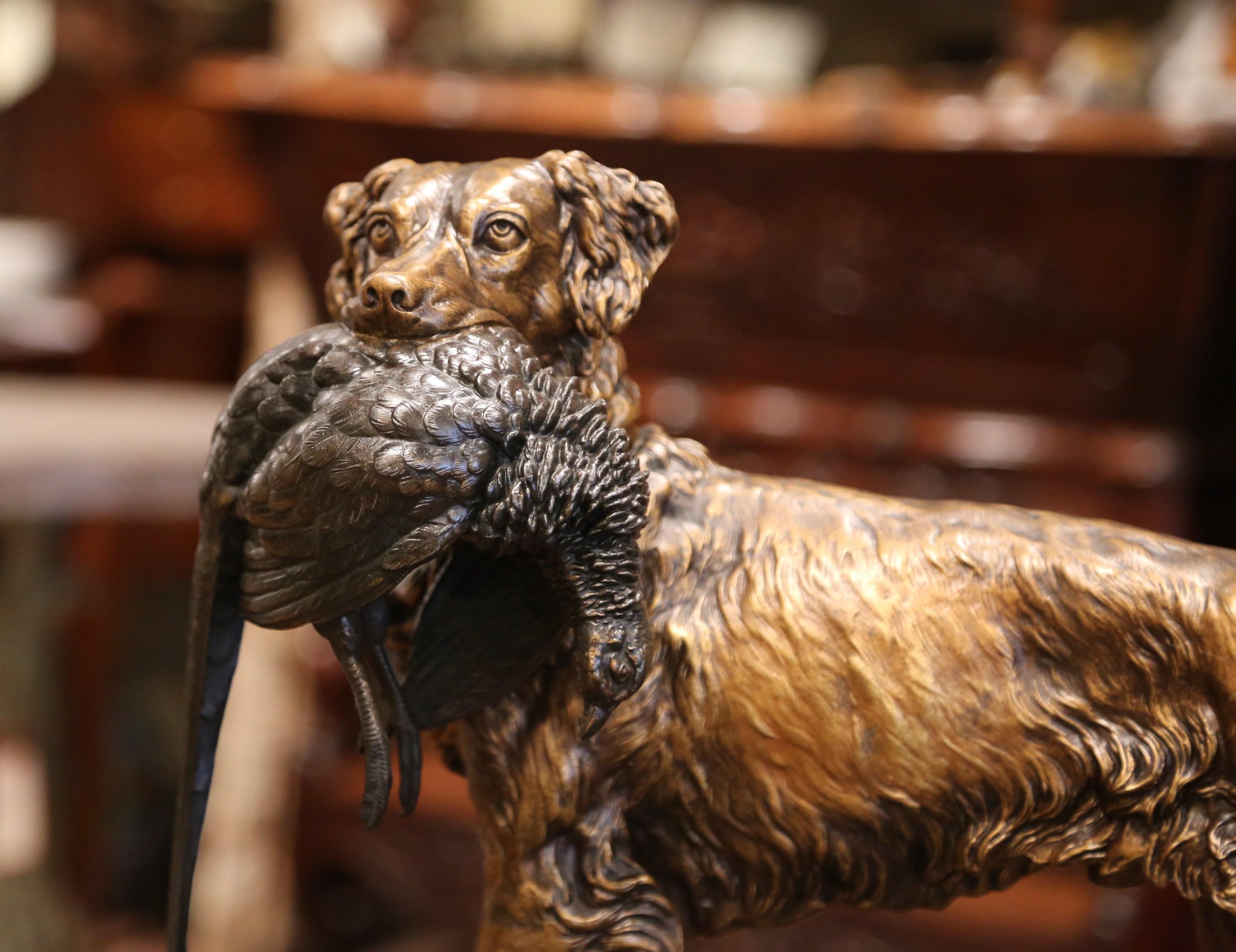 Hand-Crafted 19th Century French Patinated Spelter Hunting Dog with Bird Signed J. Moigniez
