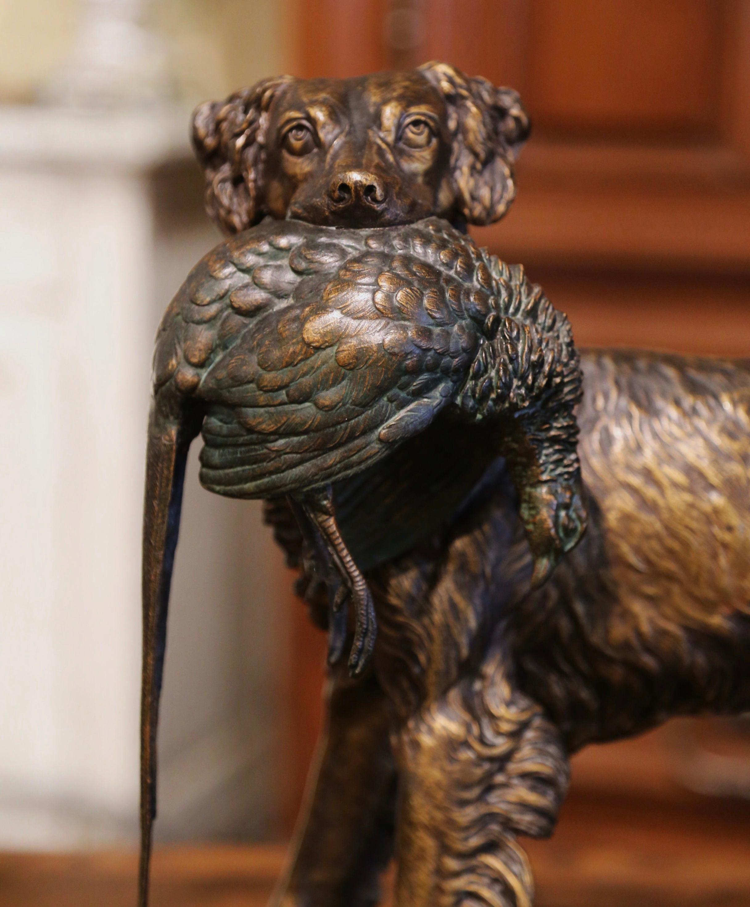 19th Century French Patinated Spelter Hunting Dog with Bird Signed J. Moigniez In Excellent Condition In Dallas, TX