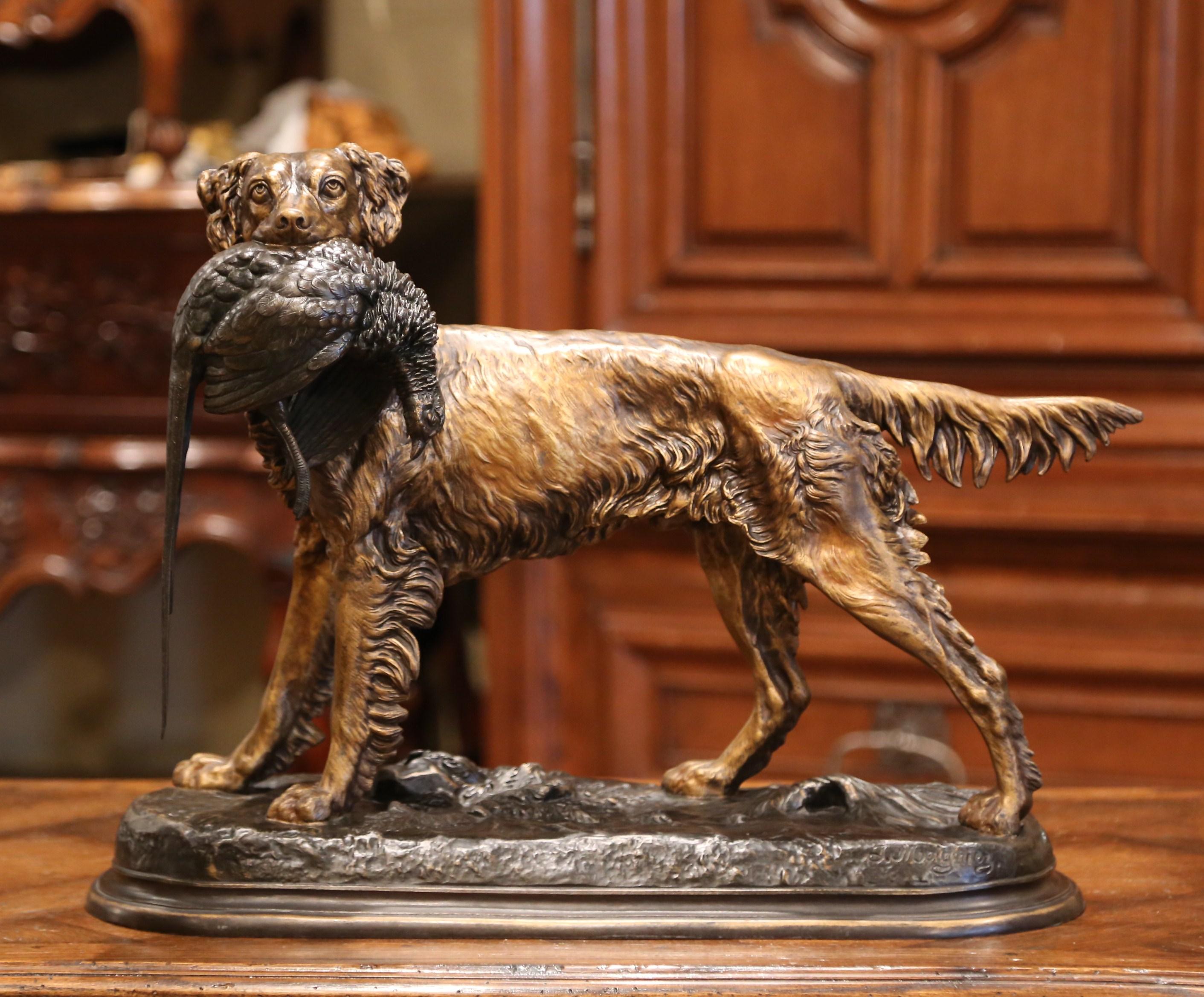 19th Century French Patinated Spelter Hunting Dog with Bird Signed J. Moigniez 1