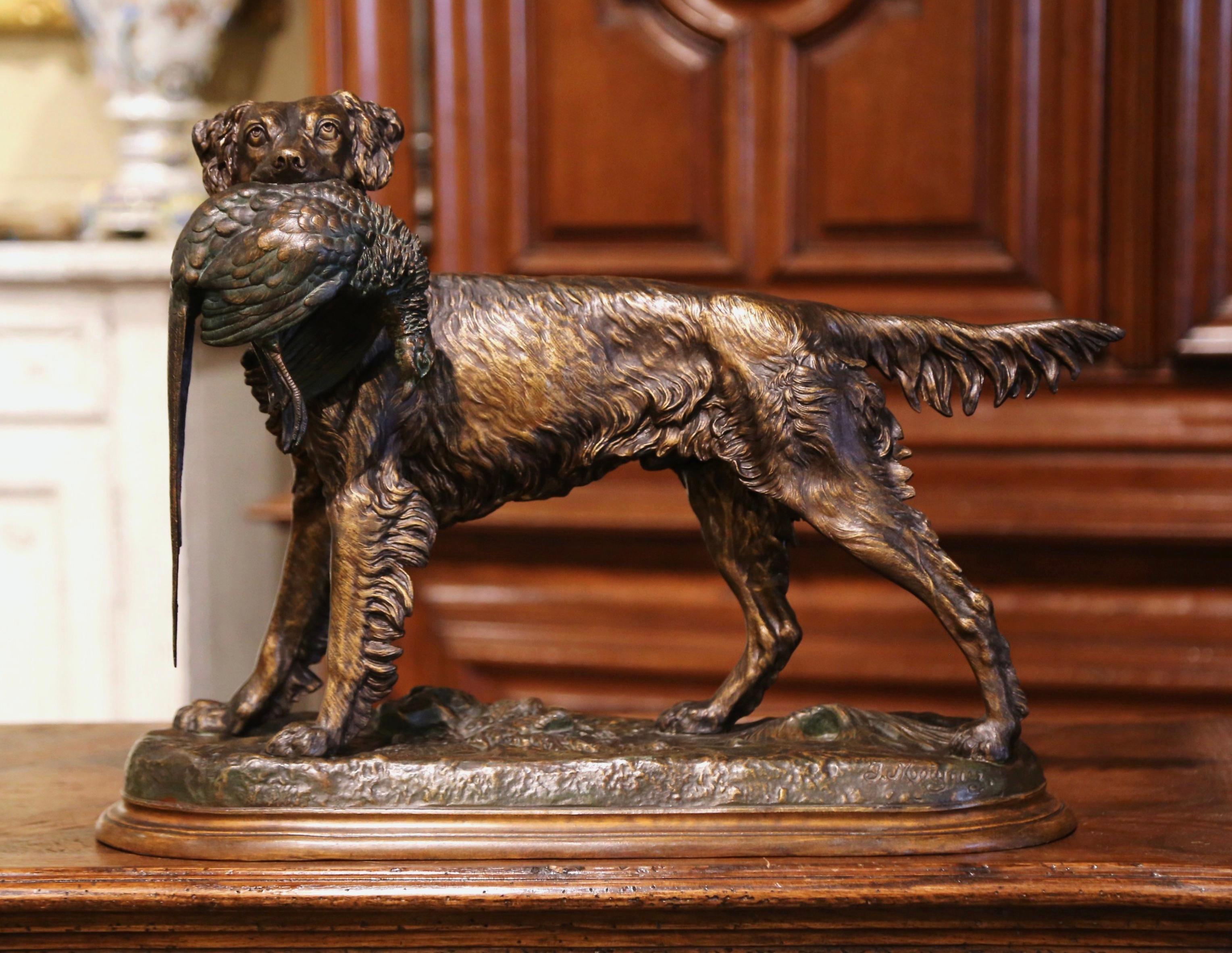 19th Century French Patinated Spelter Hunting Dog with Bird Signed J. Moigniez 2
