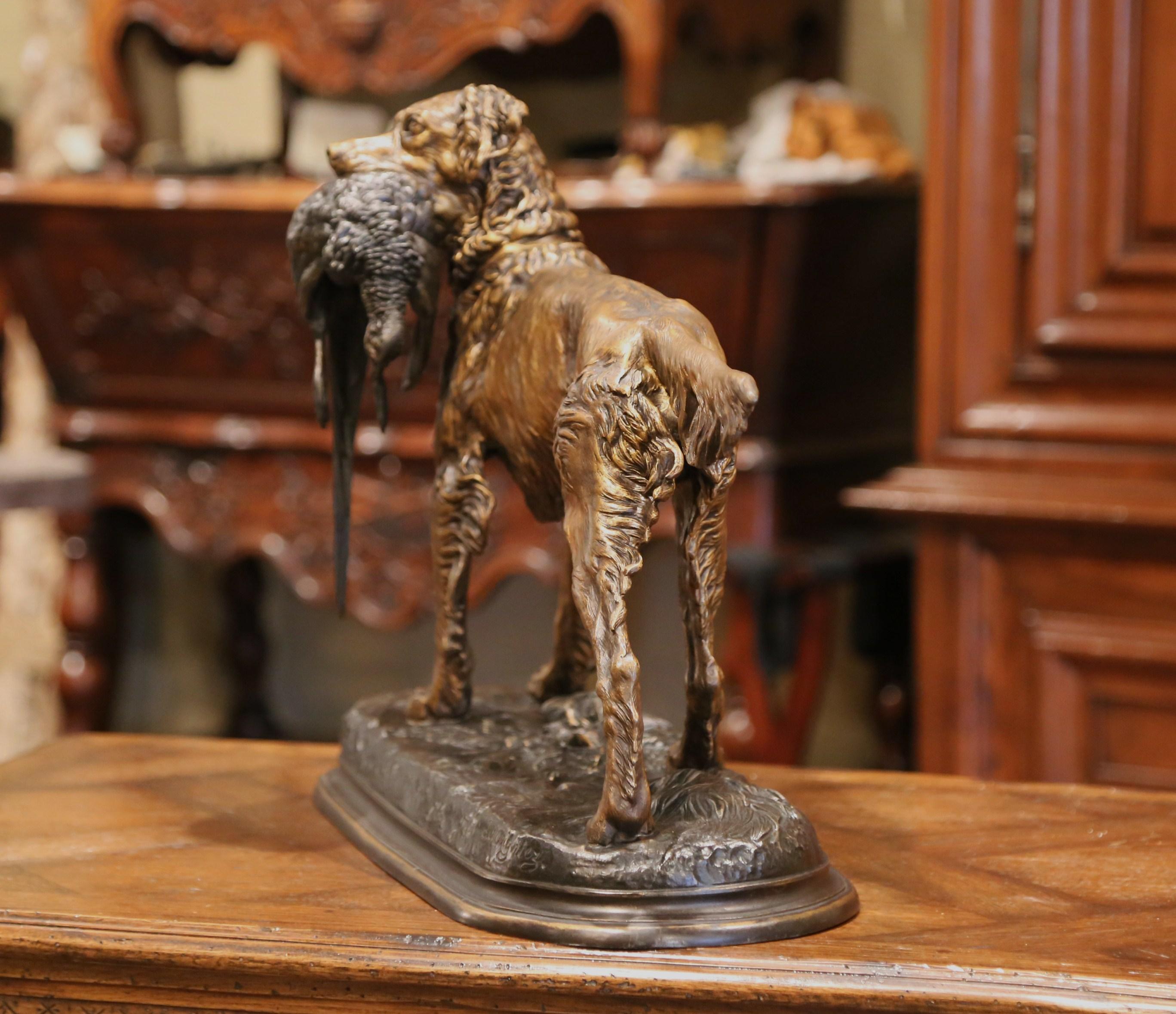 19th Century French Patinated Spelter Hunting Dog with Bird Signed J. Moigniez 3