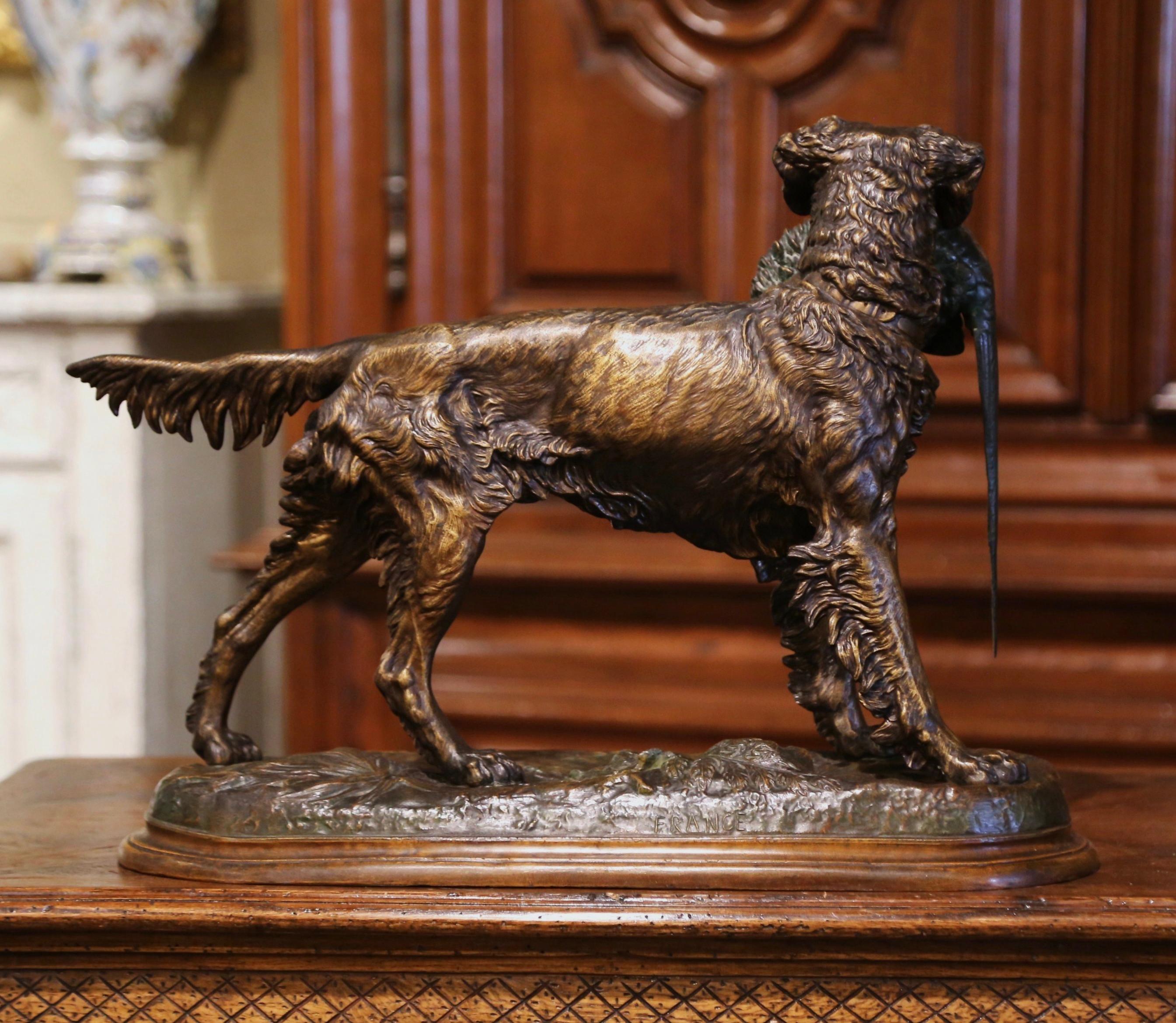 19th Century French Patinated Spelter Hunting Dog with Bird Signed J. Moigniez 4