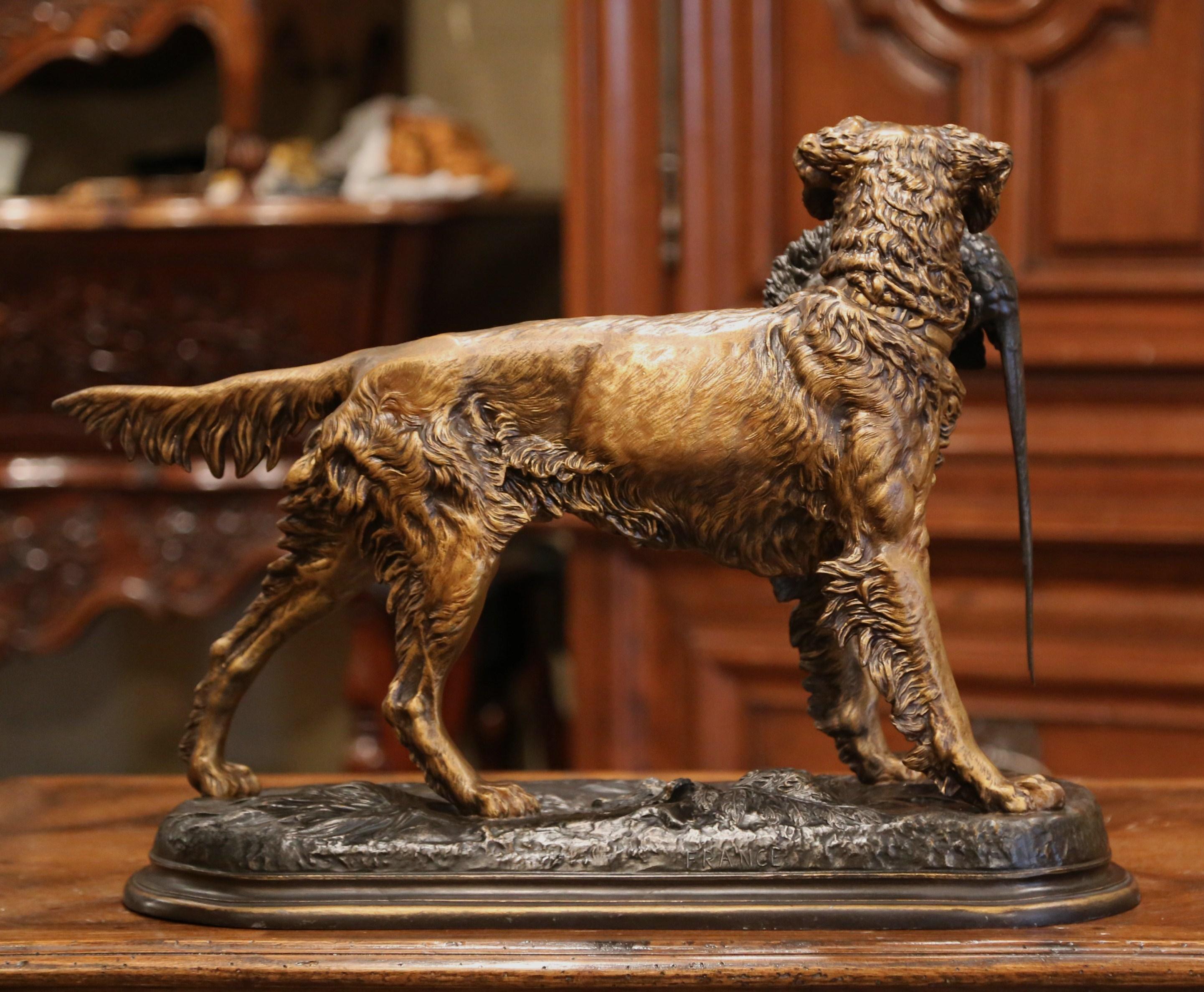 19th Century French Patinated Spelter Hunting Dog with Bird Signed J. Moigniez 5