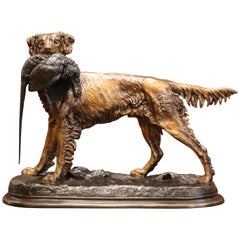 19th Century French Patinated Spelter Hunting Dog with Bird Signed J. Moigniez