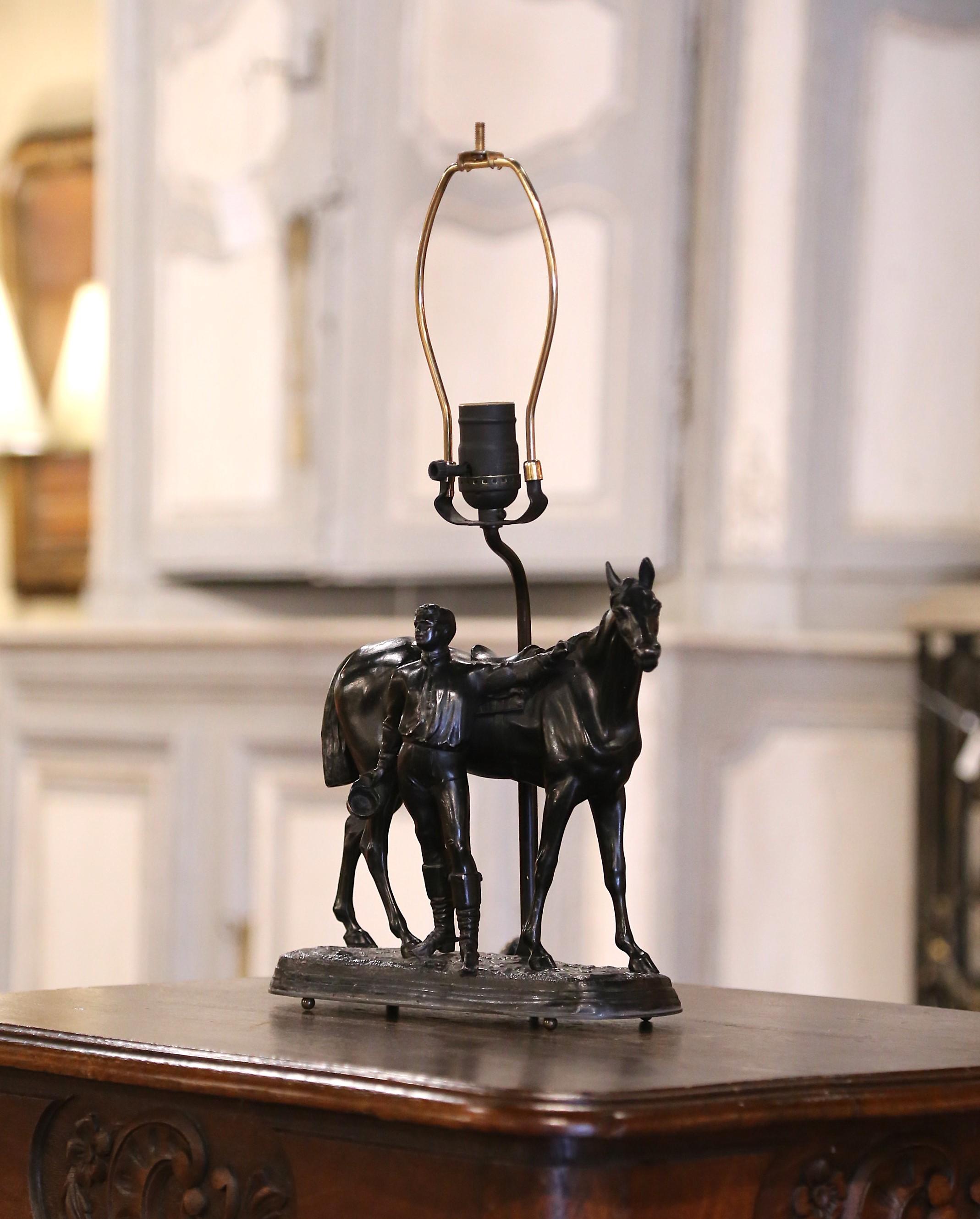 Hand-Crafted 19th Century French Patinated Spelter Jockey and Horse Sculpture Table lamp For Sale