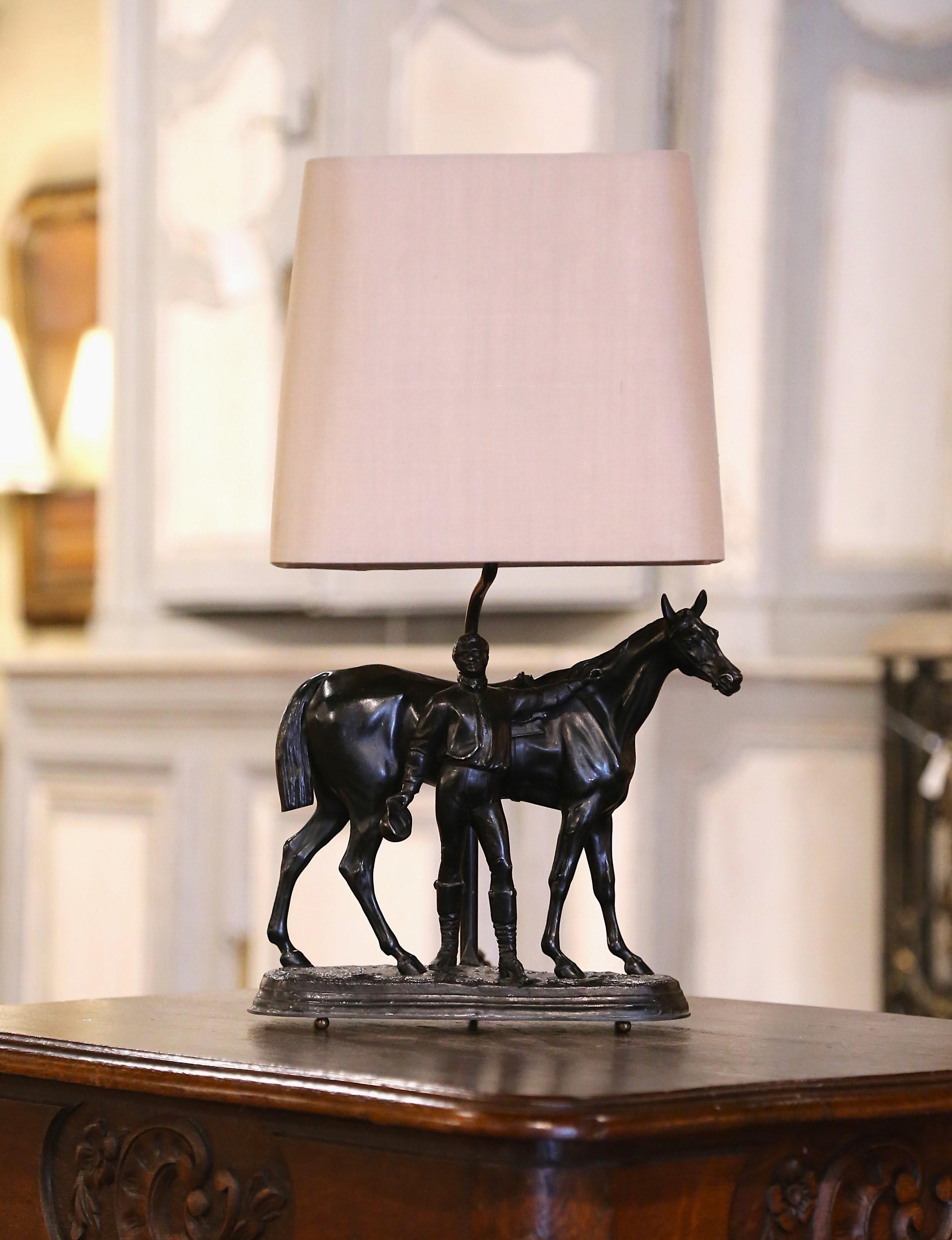 19th Century French Patinated Spelter Jockey and Horse Sculpture Table lamp In Excellent Condition For Sale In Dallas, TX