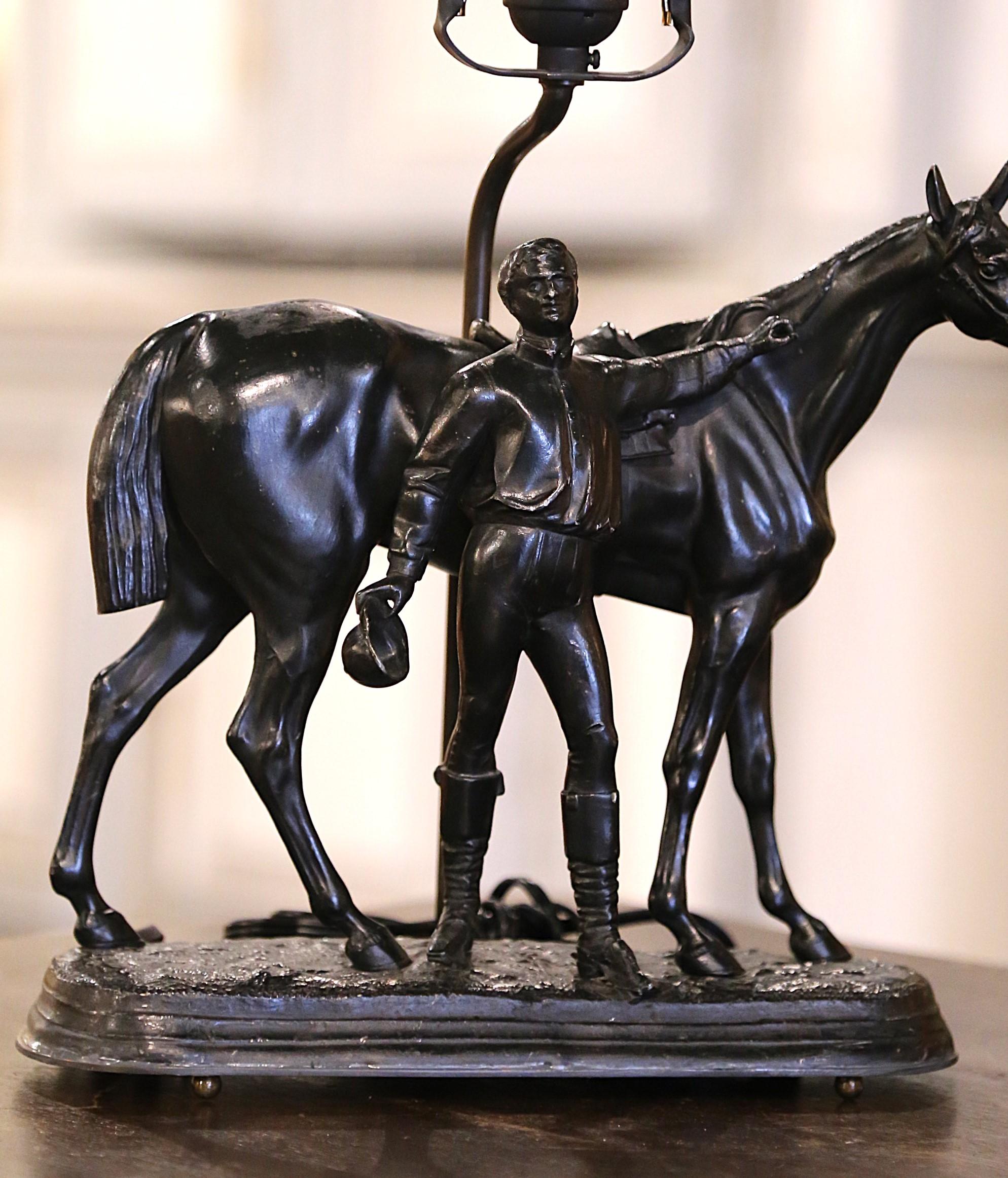 19th Century French Patinated Spelter Jockey and Horse Sculpture Table lamp For Sale 1
