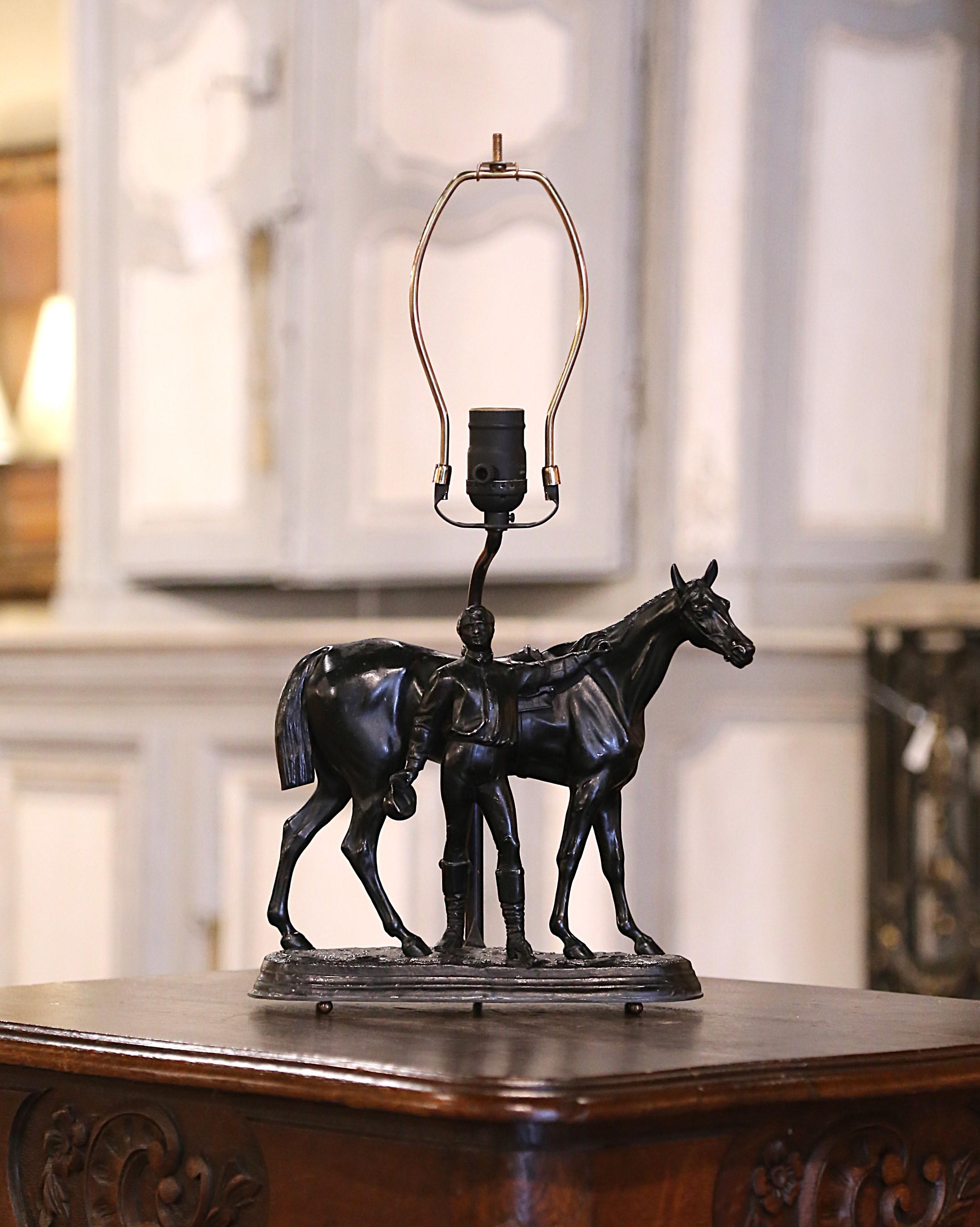 19th Century French Patinated Spelter Jockey and Horse Sculpture Table lamp For Sale 2