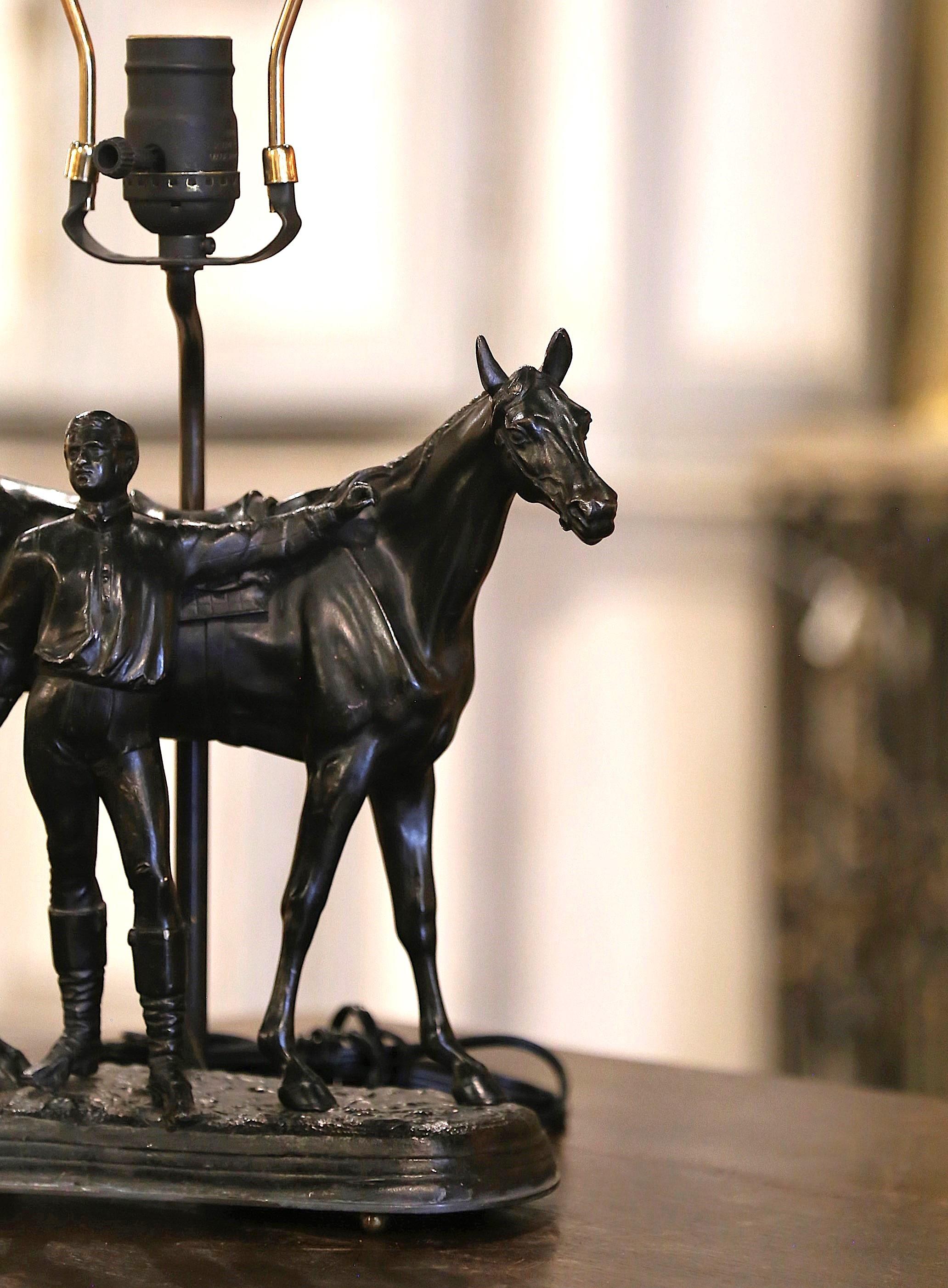 19th Century French Patinated Spelter Jockey and Horse Sculpture Table lamp For Sale 3