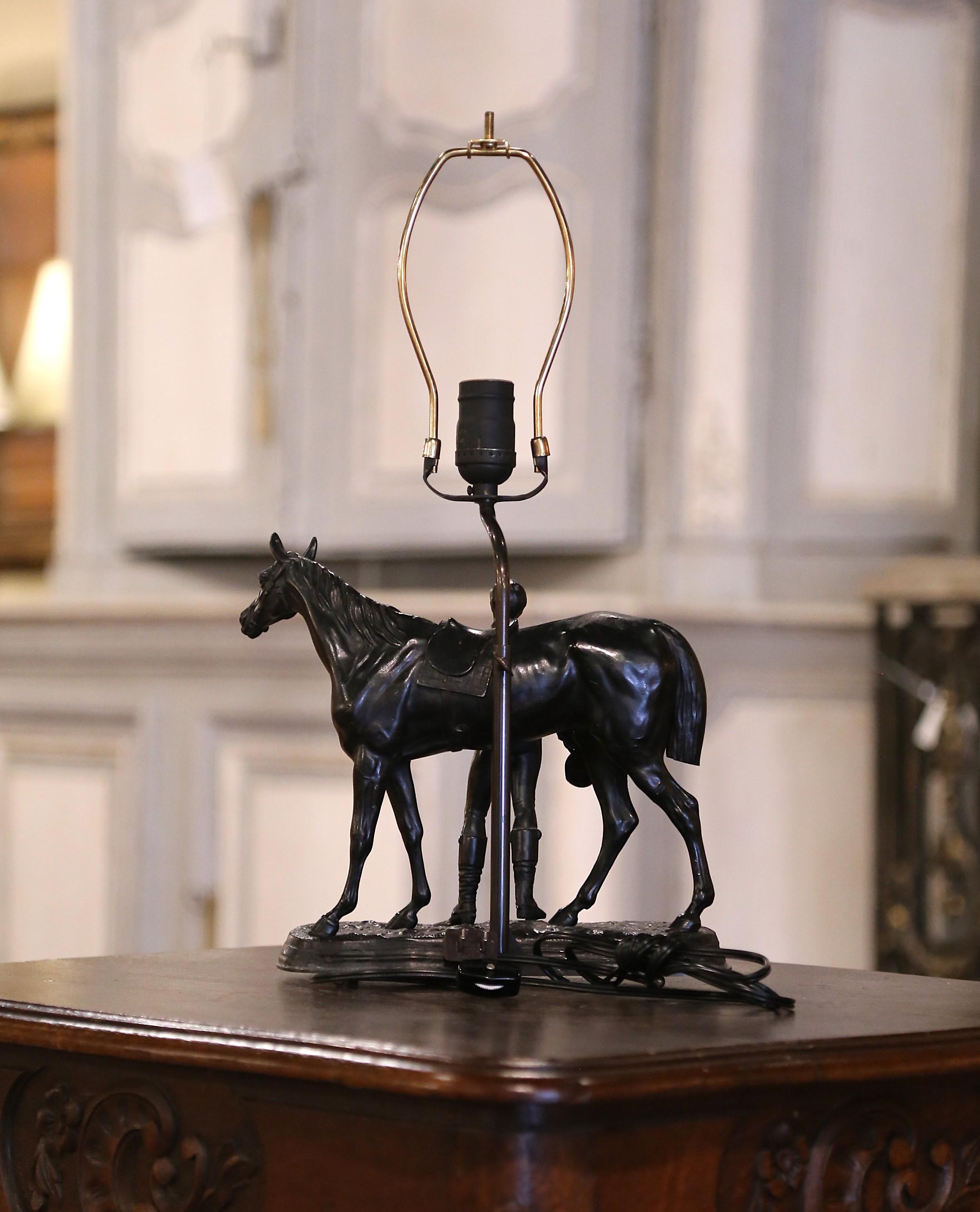 19th Century French Patinated Spelter Jockey and Horse Sculpture Table lamp For Sale 4
