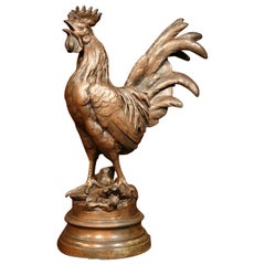 19th Century French Patinated Spelter Rooster Sculpture on Round Base