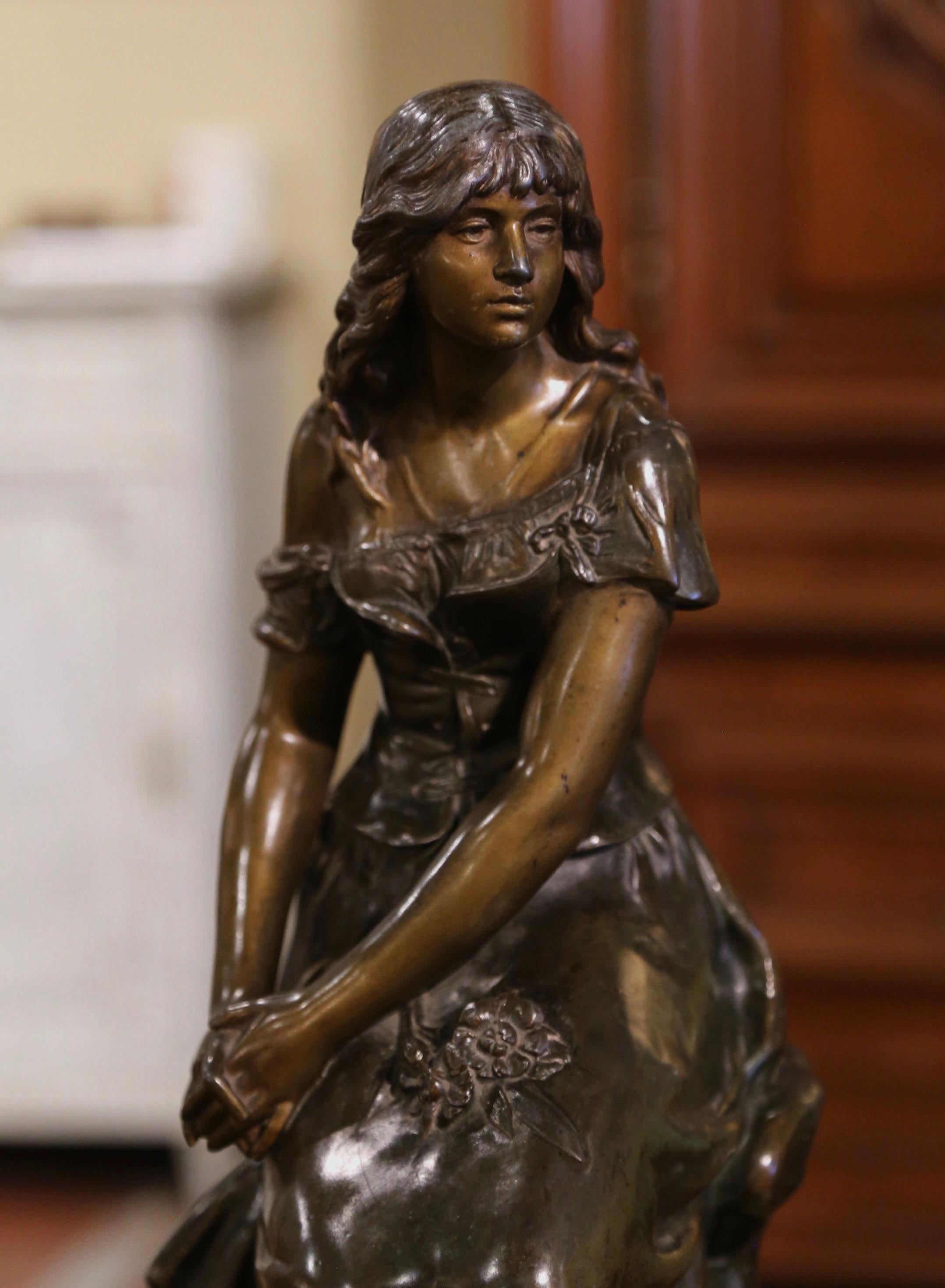 Hand-Crafted 19th Century French Patinated Spelter Sculpture of Young Woman Signed A. Moreau For Sale