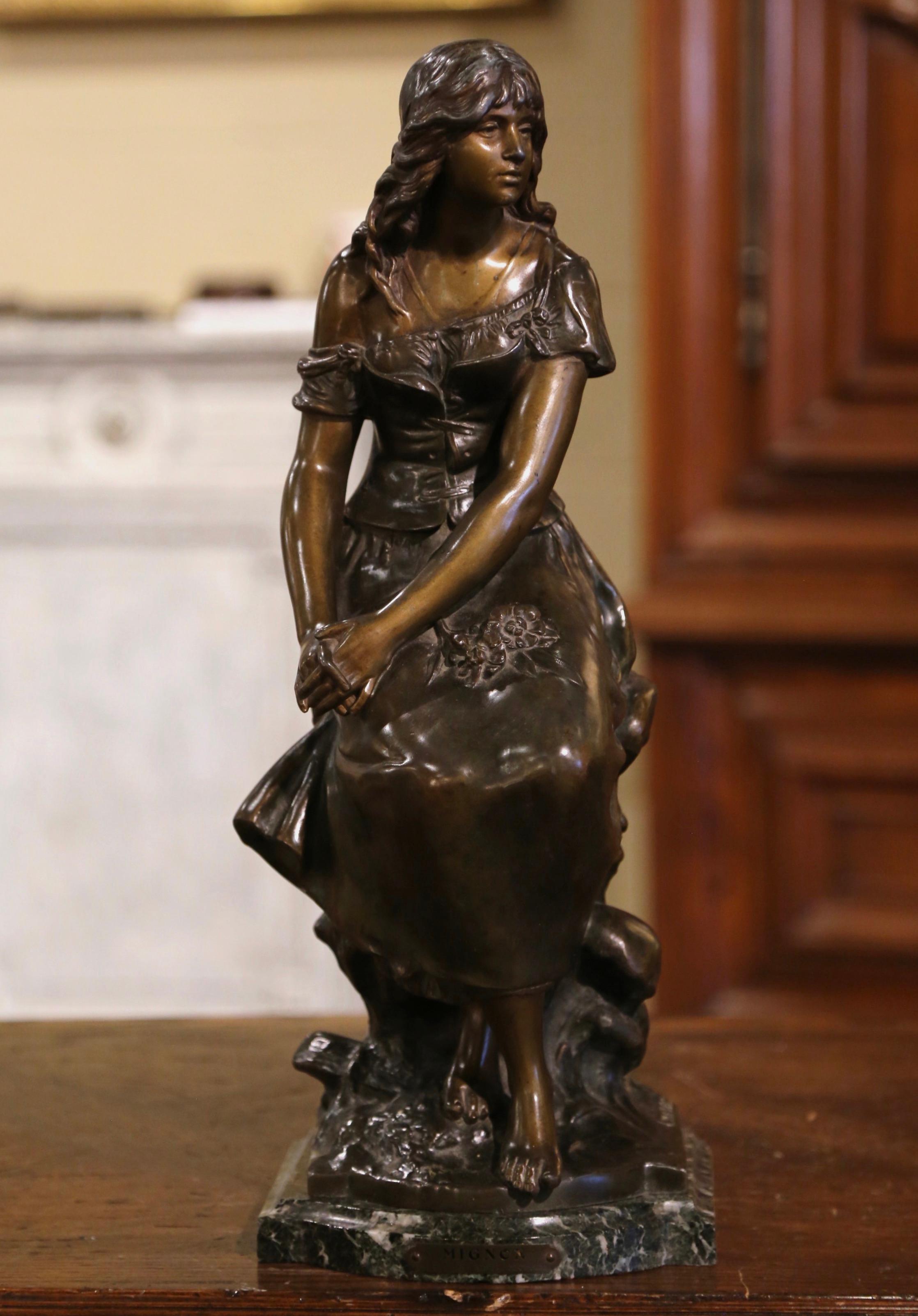 Bronze 19th Century French Patinated Spelter Sculpture of Young Woman Signed A. Moreau For Sale